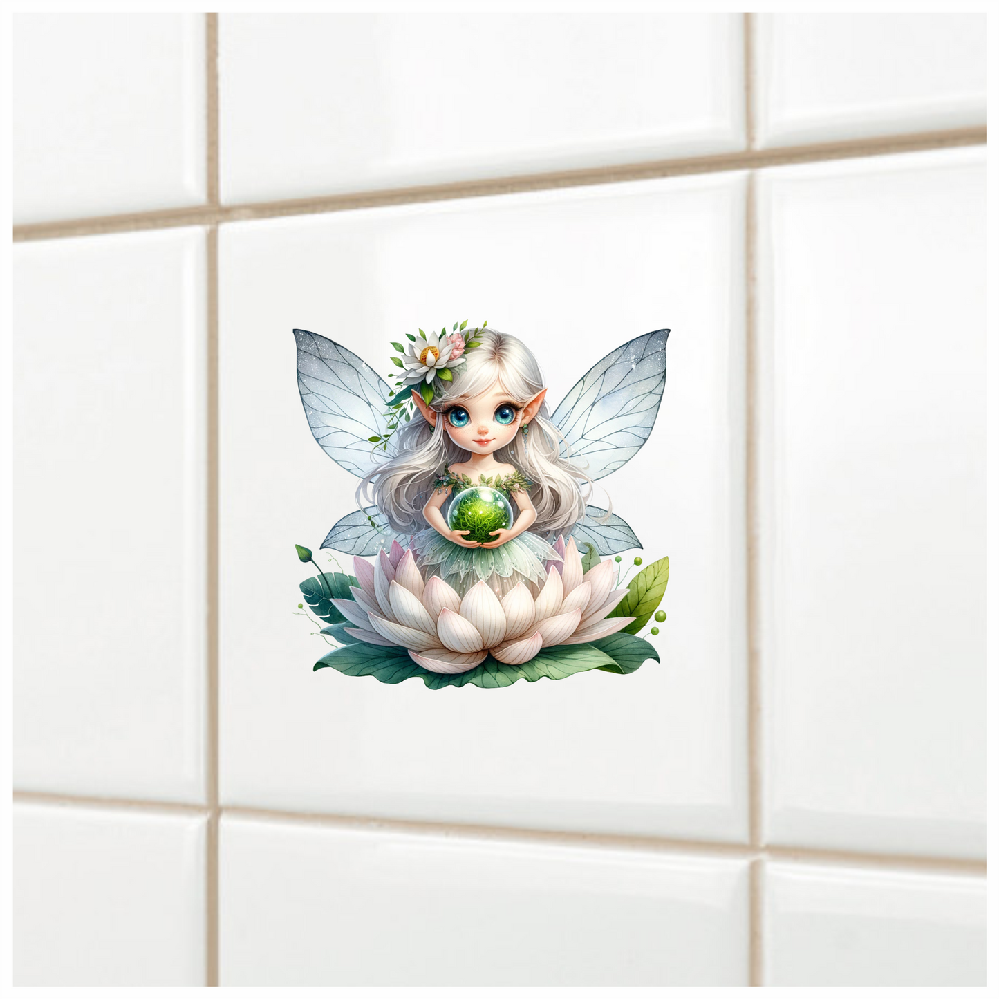 Fairy Silver Wings Green Orb Flower Vinyl Sticker Decal