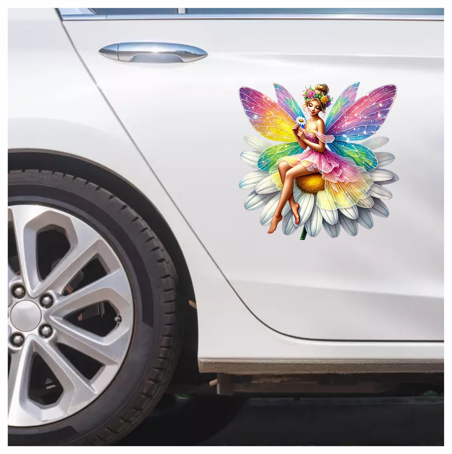 Fairy Rainbow Flower Sitting Daisy Vinyl Sticker Decal