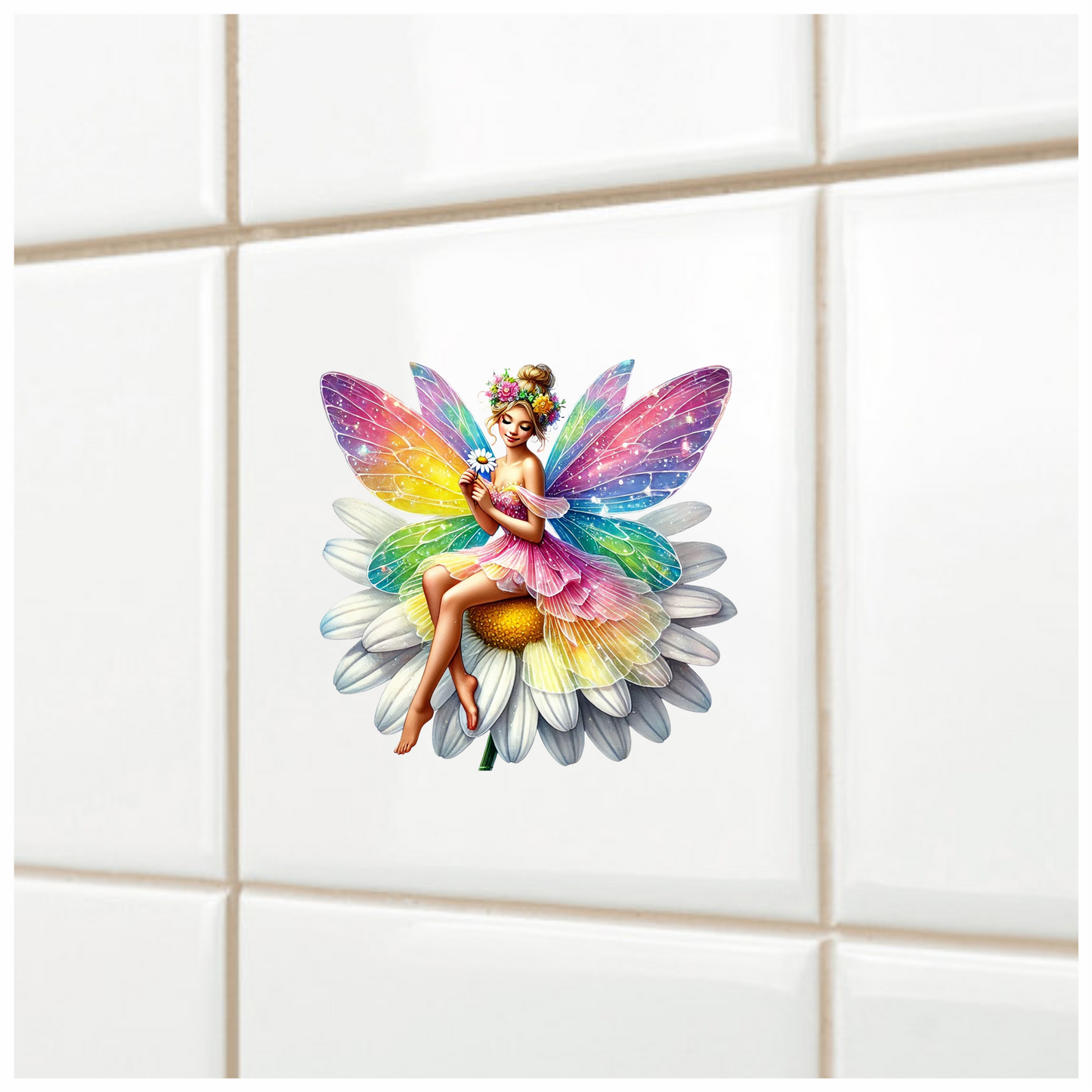 Fairy Rainbow Flower Sitting Daisy Vinyl Sticker Decal
