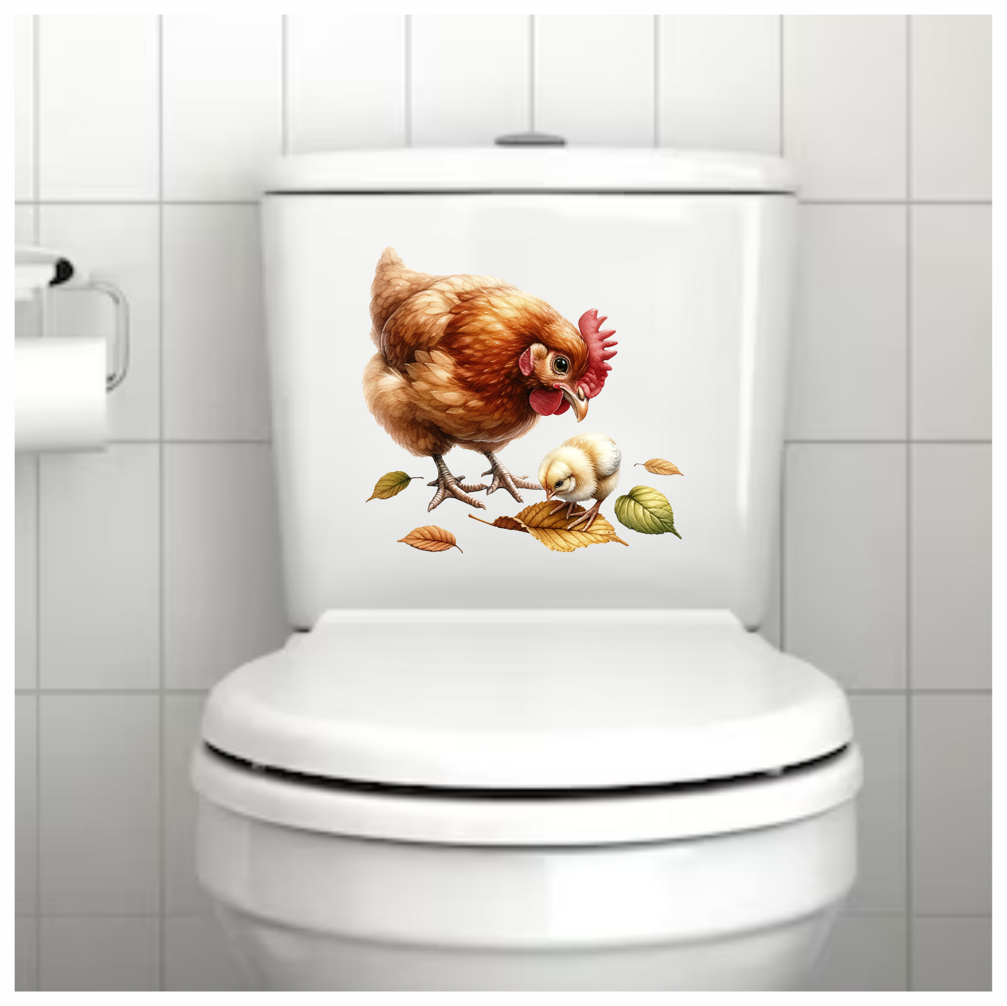 Brown Hen Yellow Chick Autumn Leaves Vinyl Sticker Decal
