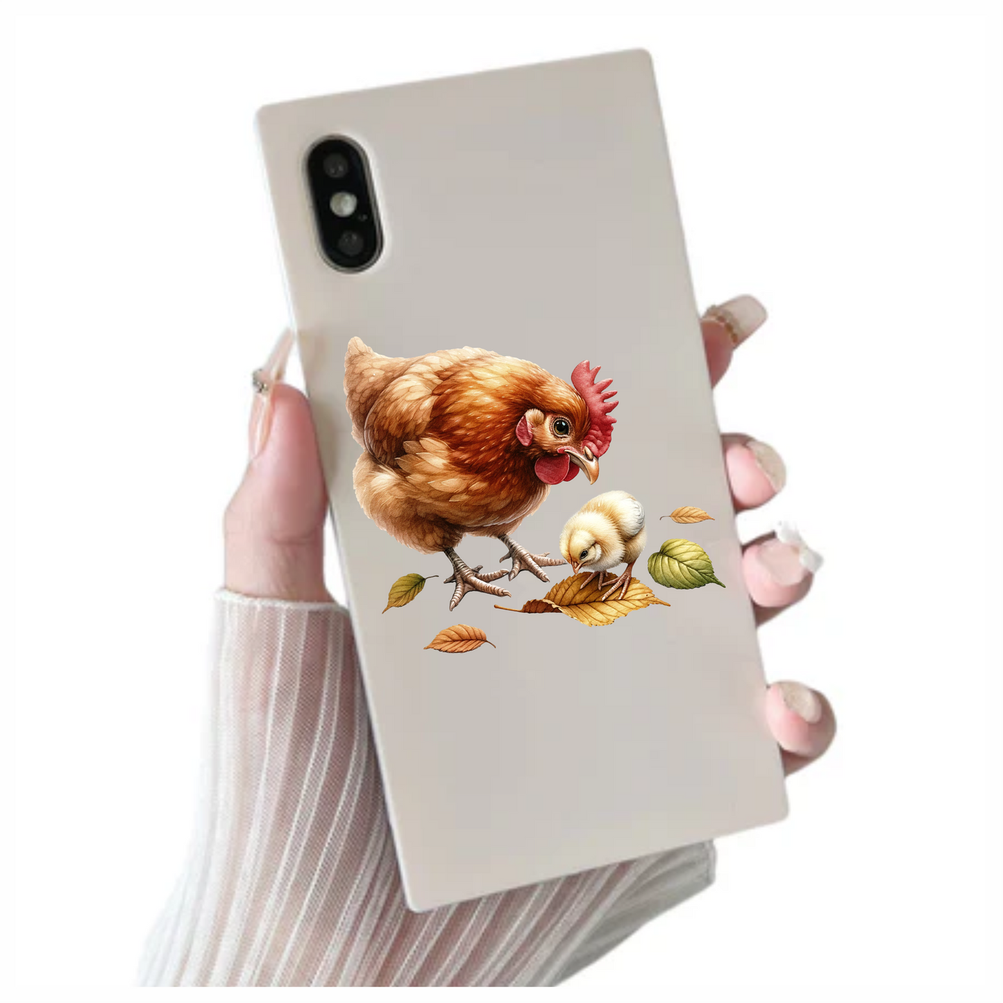 Brown Hen Yellow Chick Autumn Leaves Vinyl Sticker Decal