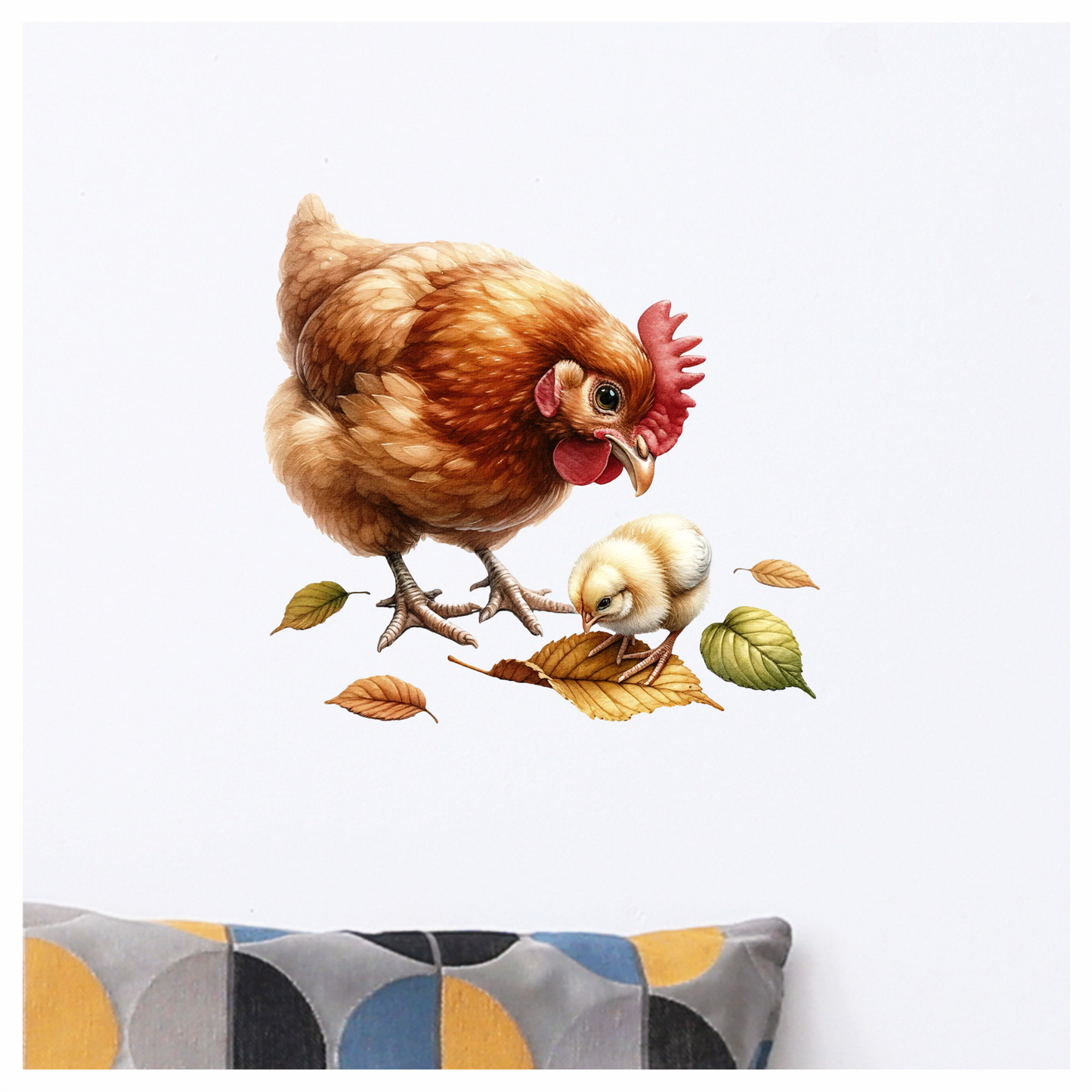 Brown Hen Yellow Chick Autumn Leaves Vinyl Sticker Decal