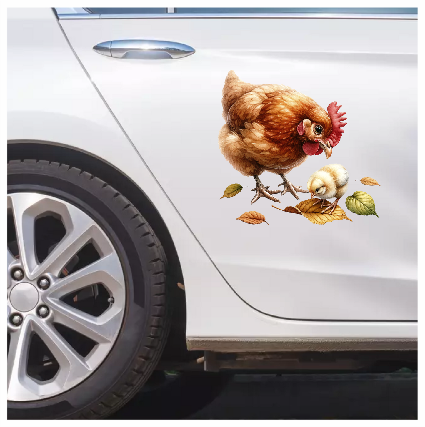 Brown Hen Yellow Chick Autumn Leaves Vinyl Sticker Decal