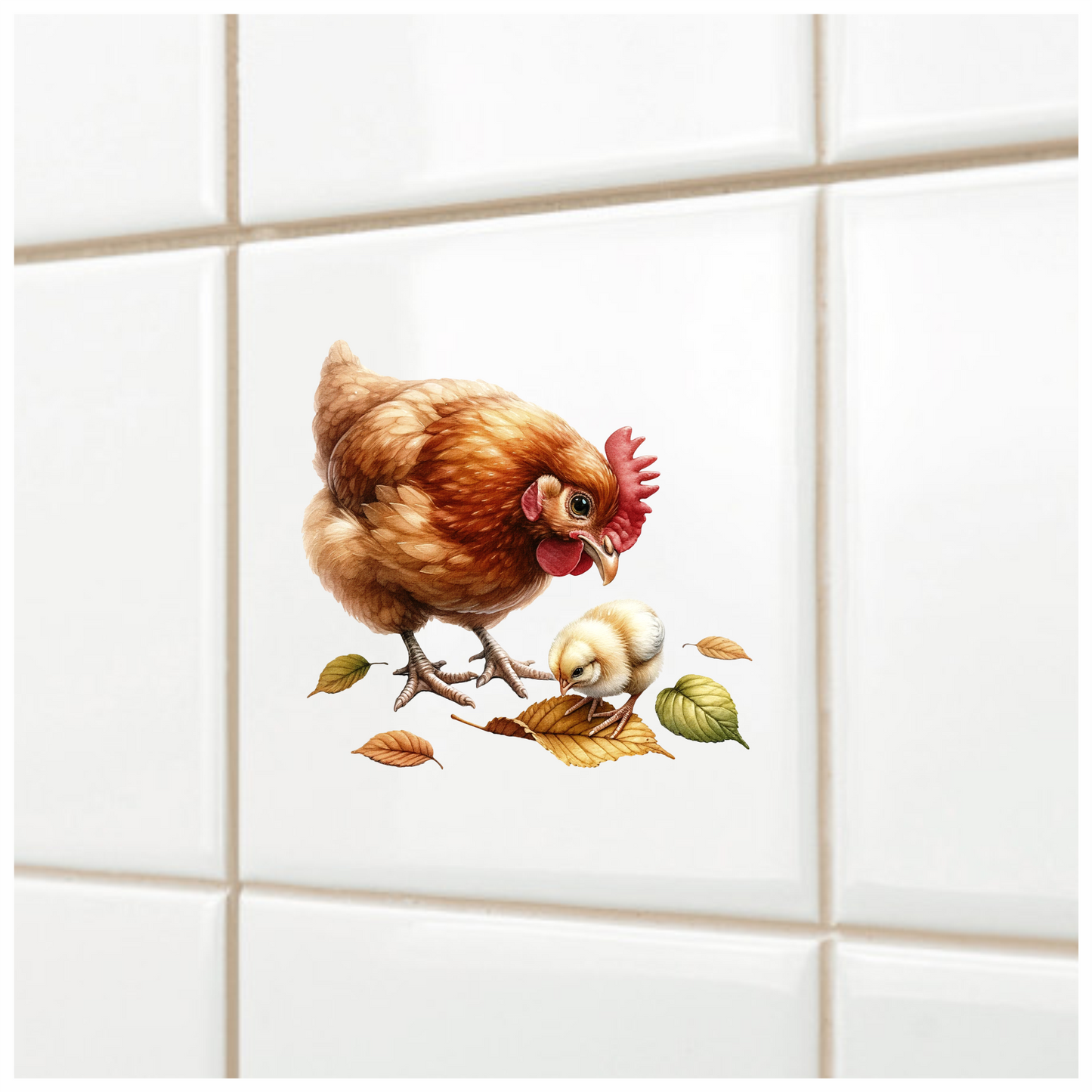 Brown Hen Yellow Chick Autumn Leaves Vinyl Sticker Decal