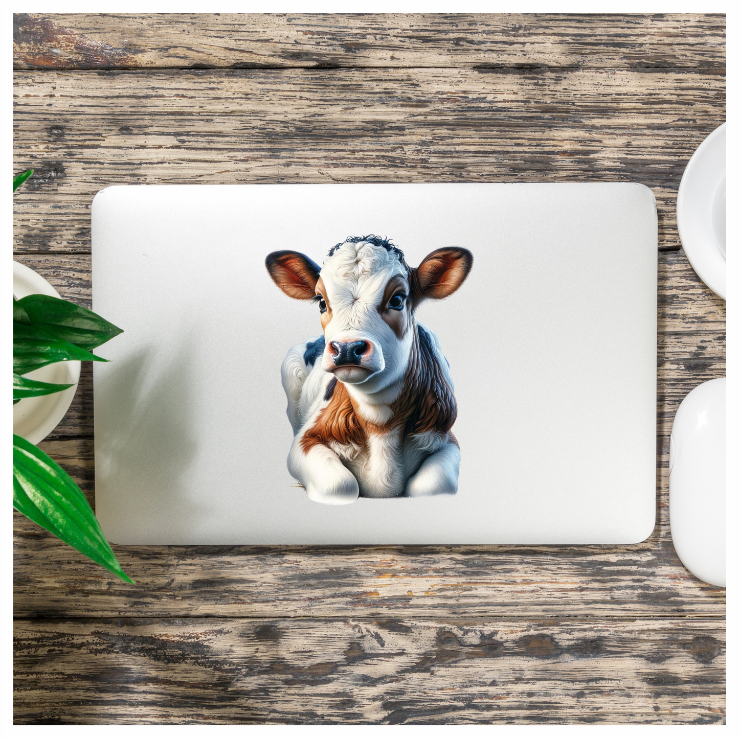 Brown White Calf Sitting Peaceful Vinyl Sticker Decal