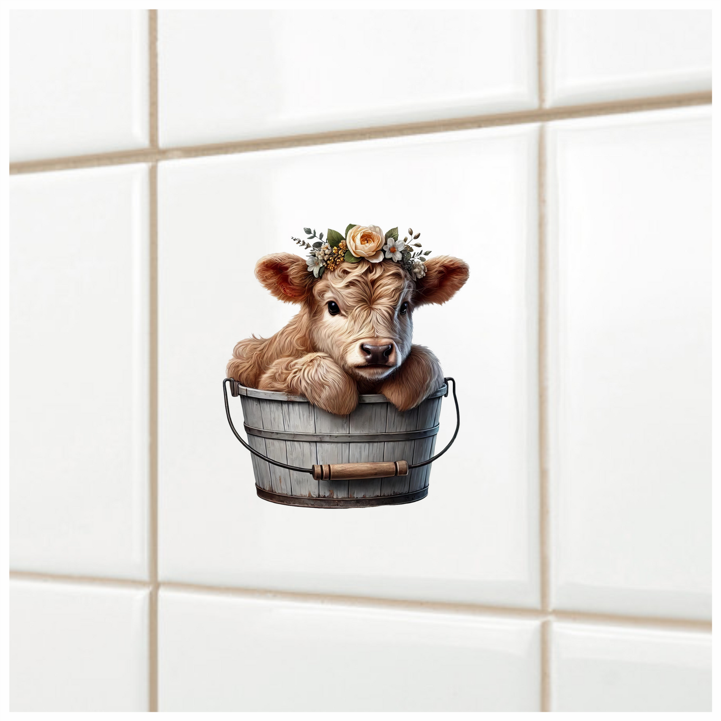 Brown Calf Bucket Flowers Cute Vinyl Sticker Decal