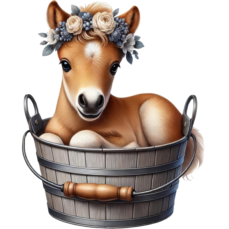 Brown Foal Bucket Flowers Cute Vinyl Sticker Decal