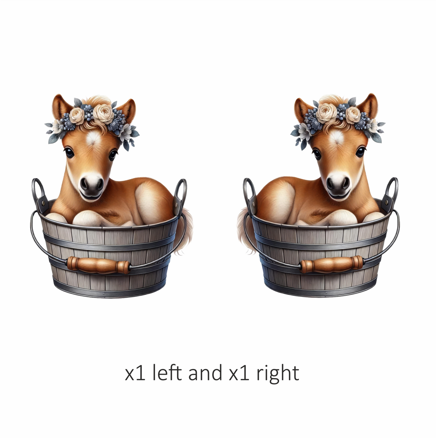 Brown Foal Bucket Flowers Cute Vinyl Sticker Decal