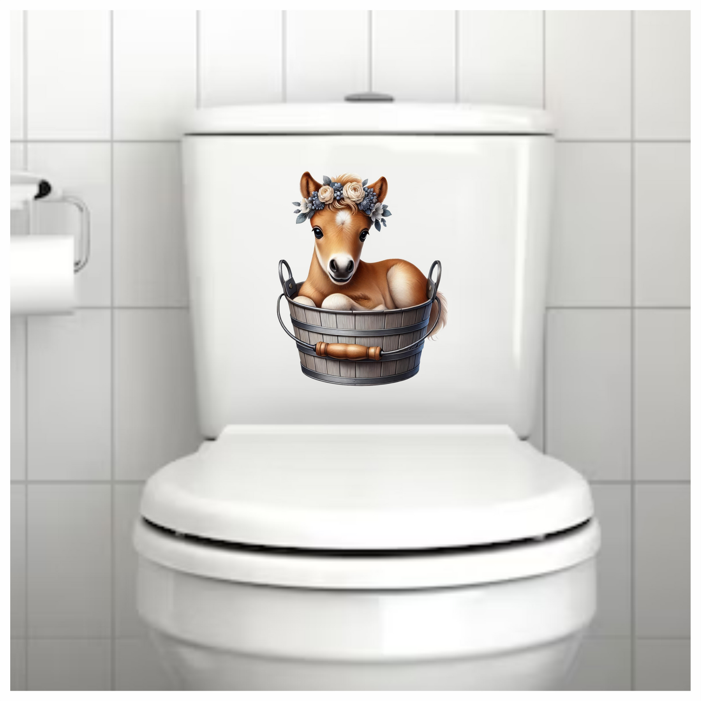 Brown Foal Bucket Flowers Cute Vinyl Sticker Decal