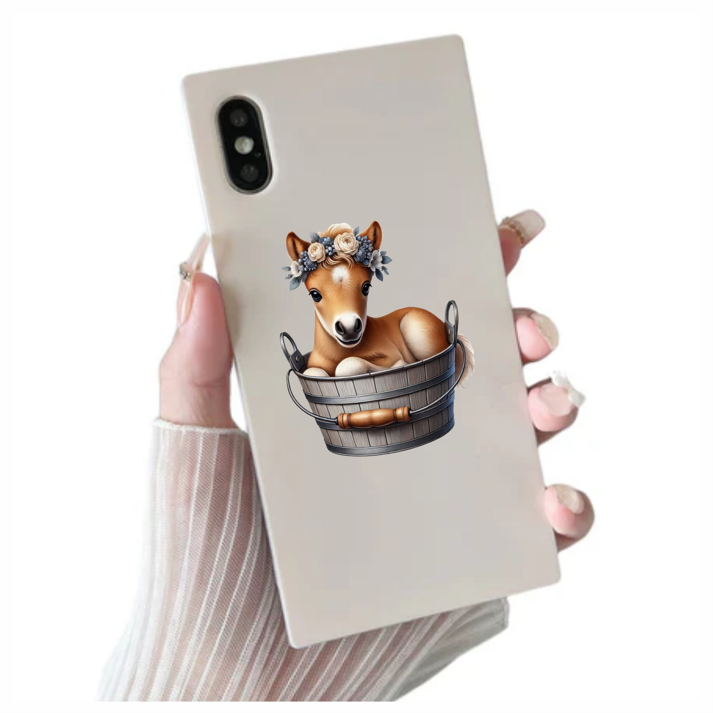 Brown Foal Bucket Flowers Cute Vinyl Sticker Decal
