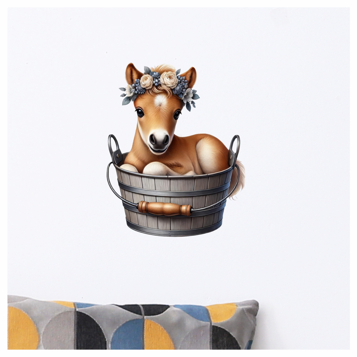 Brown Foal Bucket Flowers Cute Vinyl Sticker Decal