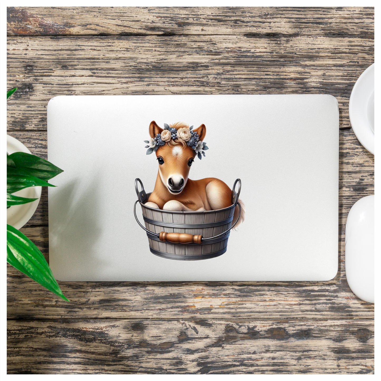 Brown Foal Bucket Flowers Cute Vinyl Sticker Decal