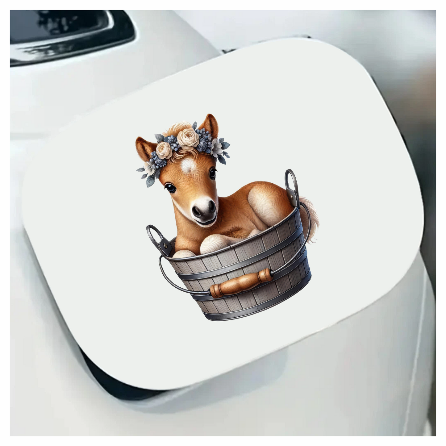 Brown Foal Bucket Flowers Cute Vinyl Sticker Decal