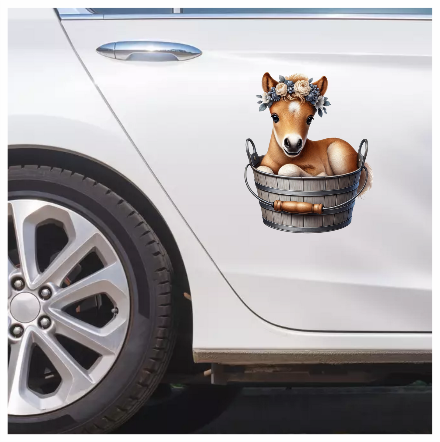 Brown Foal Bucket Flowers Cute Vinyl Sticker Decal