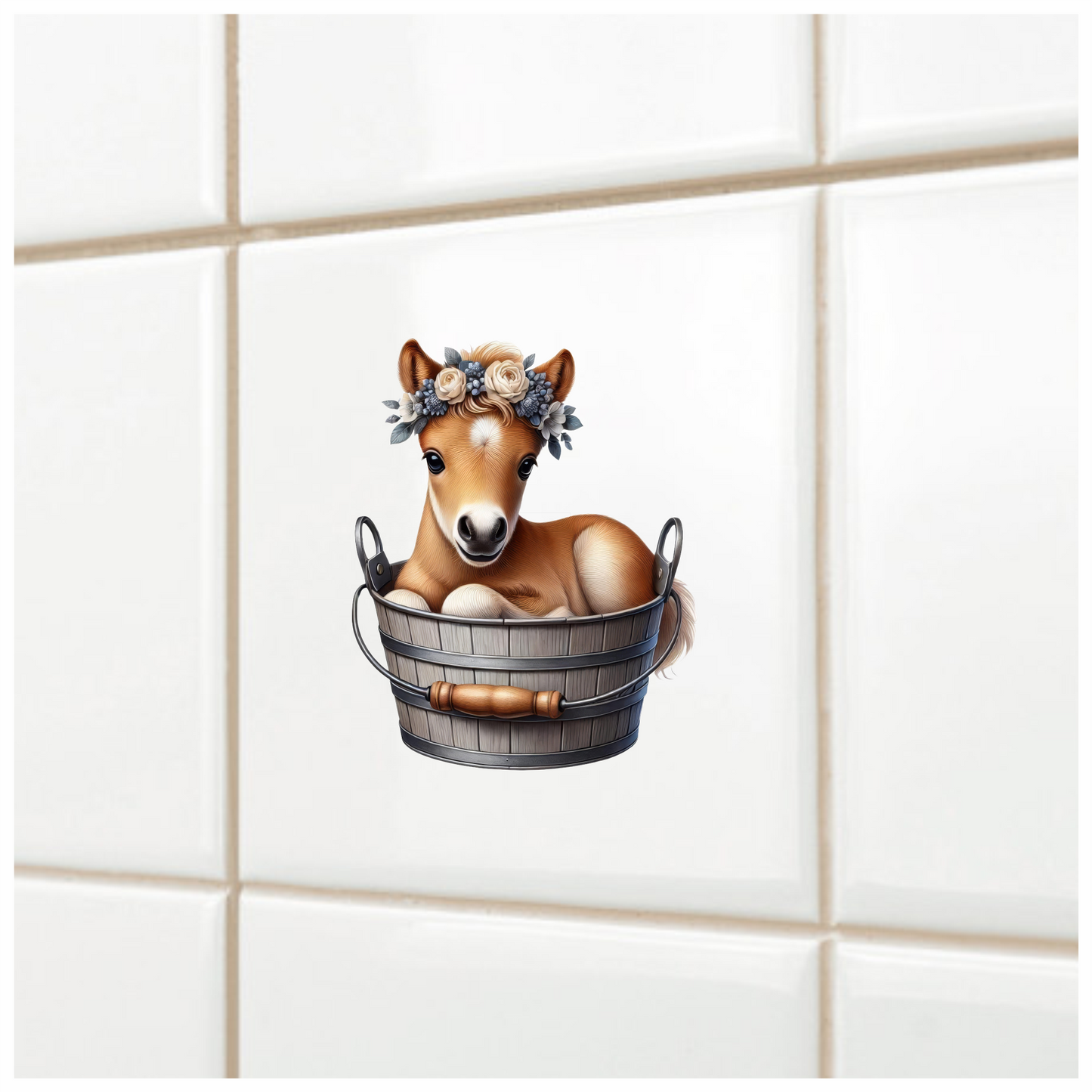 Brown Foal Bucket Flowers Cute Vinyl Sticker Decal