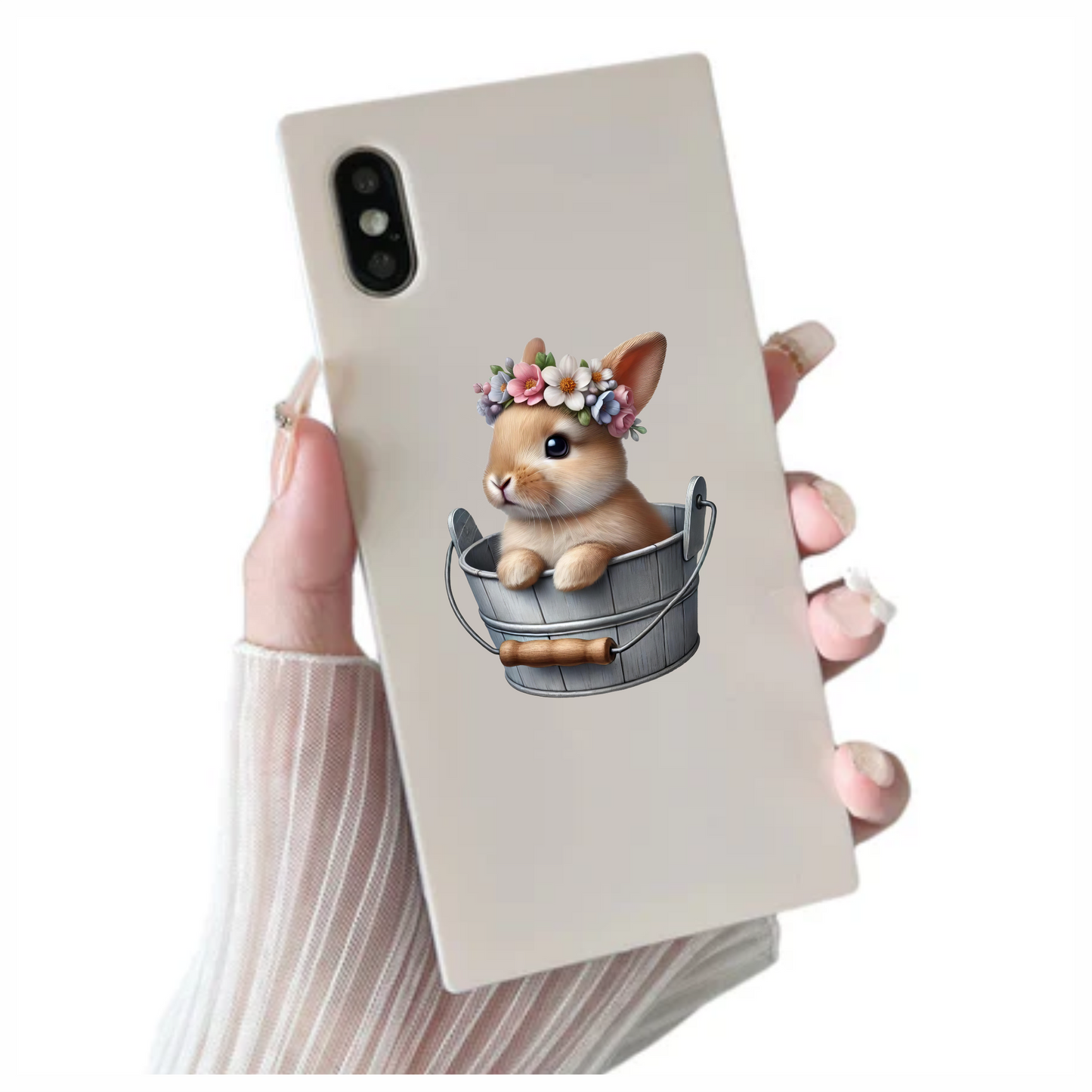 Brown Bunny Bucket Flowers Crown Vinyl Sticker Decal