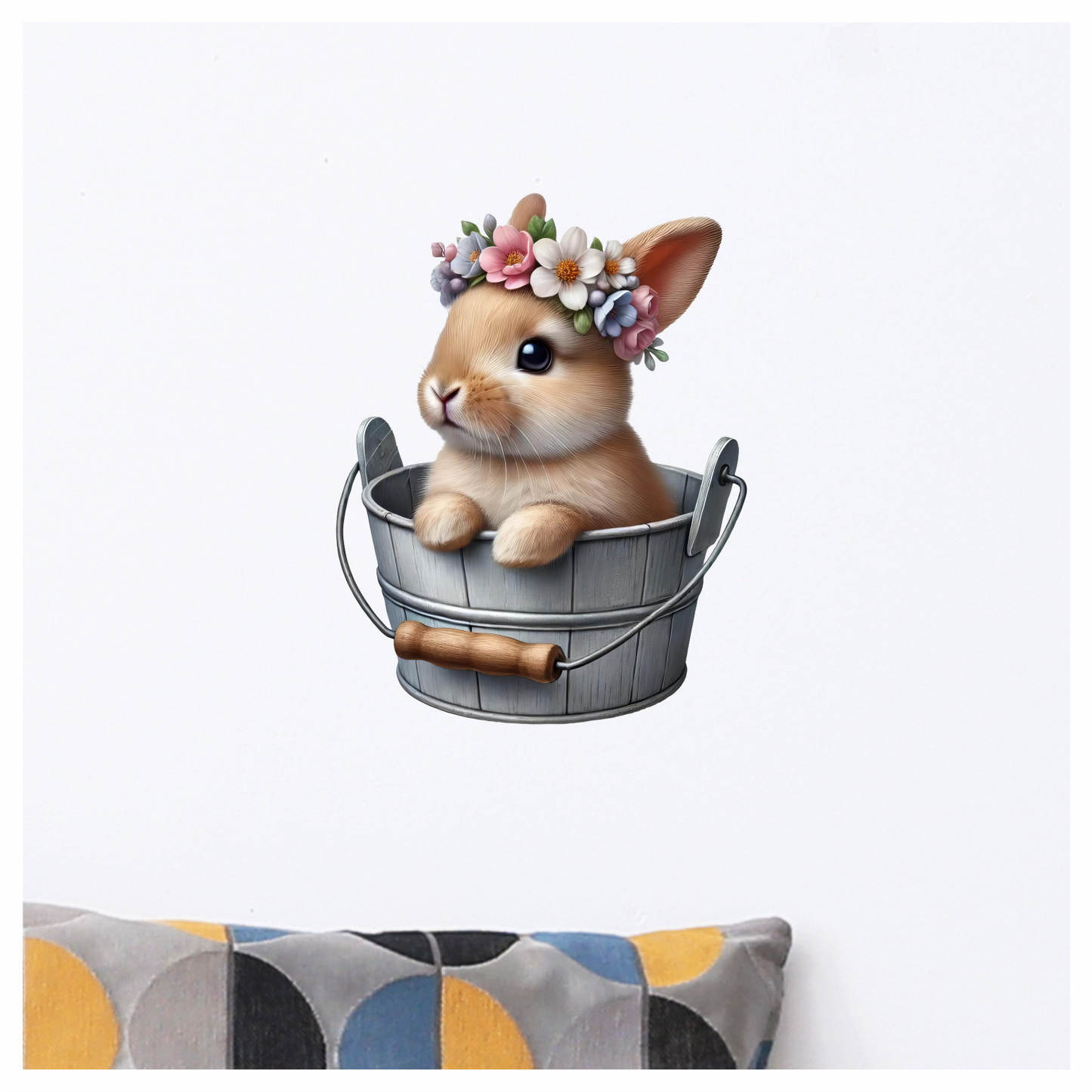 Brown Bunny Bucket Flowers Crown Vinyl Sticker Decal