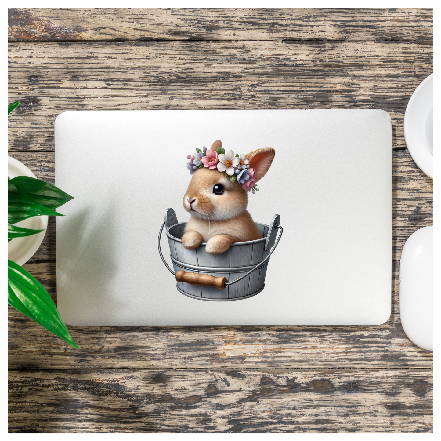 Brown Bunny Bucket Flowers Crown Vinyl Sticker Decal