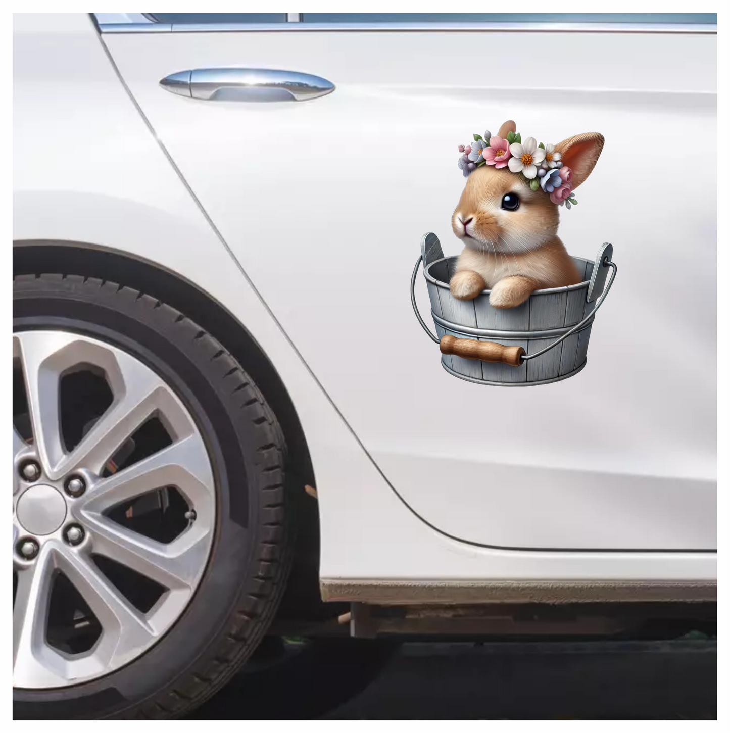 Brown Bunny Bucket Flowers Crown Vinyl Sticker Decal