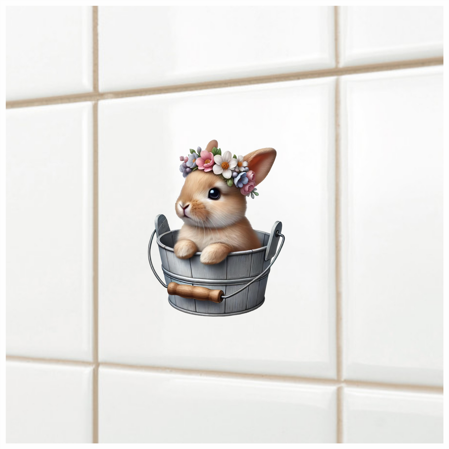 Brown Bunny Bucket Flowers Crown Vinyl Sticker Decal