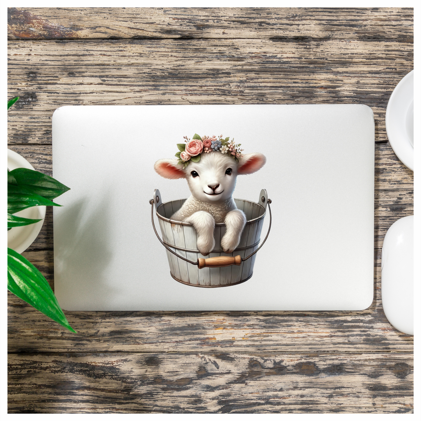 White Lamb Flower Crown Bucket Vinyl Sticker Decal
