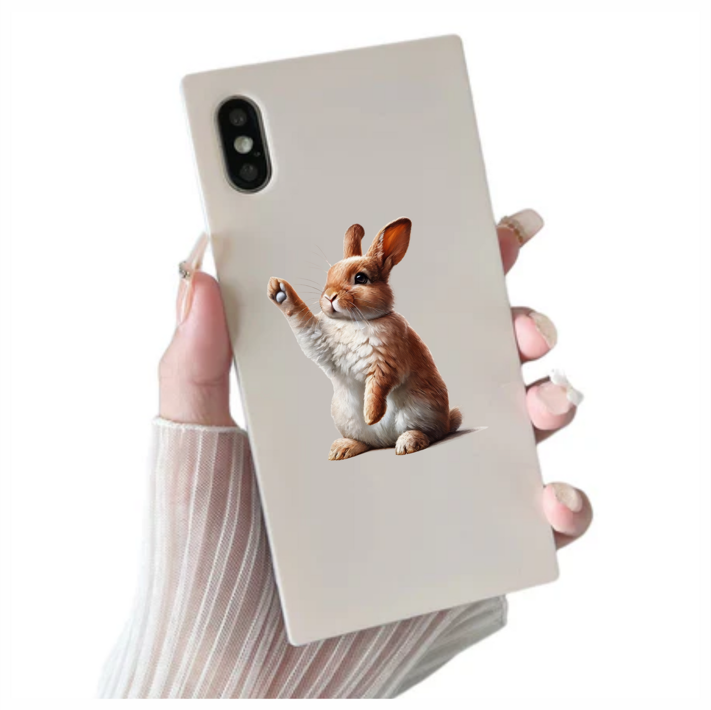 Brown White Rabbit Raising Paw Vinyl Sticker Decal
