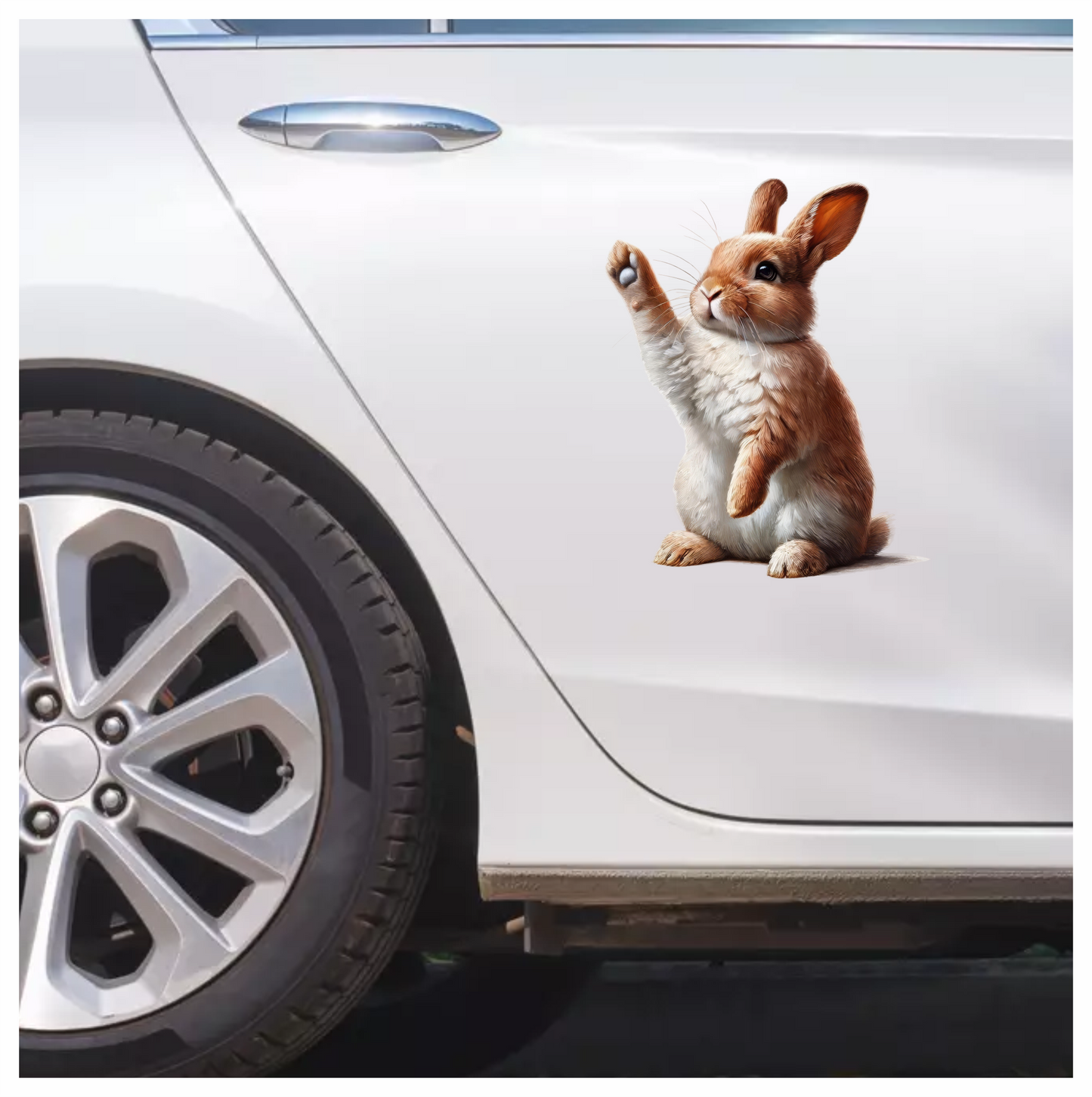 Brown White Rabbit Raising Paw Vinyl Sticker Decal