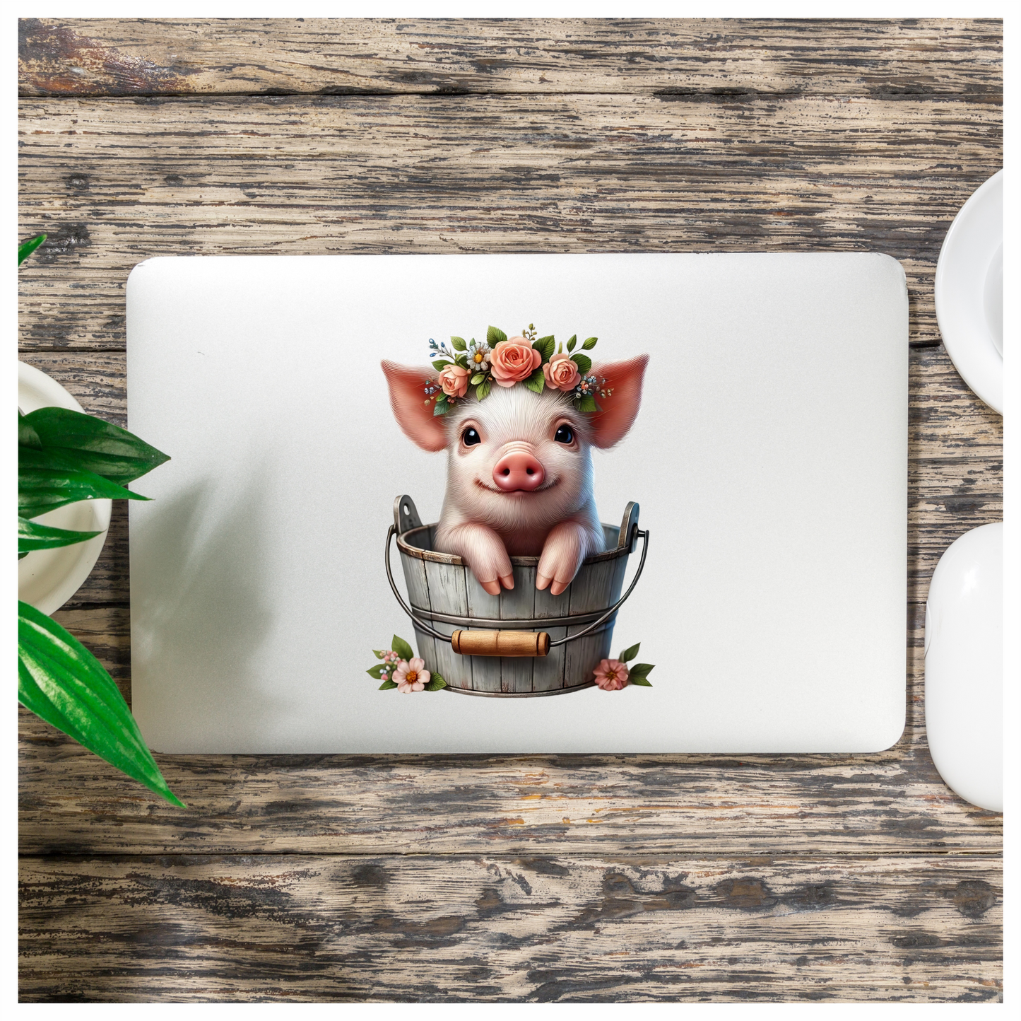 Pink Piglet Flower Bucket Cute Vinyl Sticker Decal