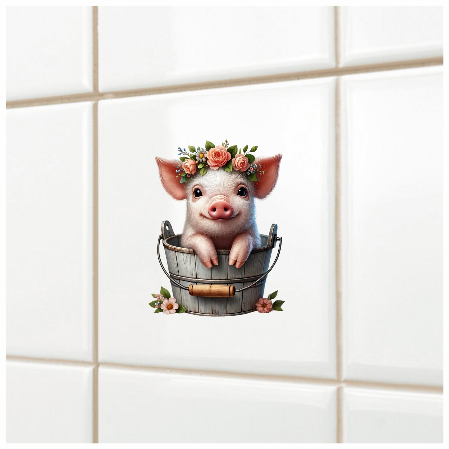 Pink Piglet Flower Bucket Cute Vinyl Sticker Decal