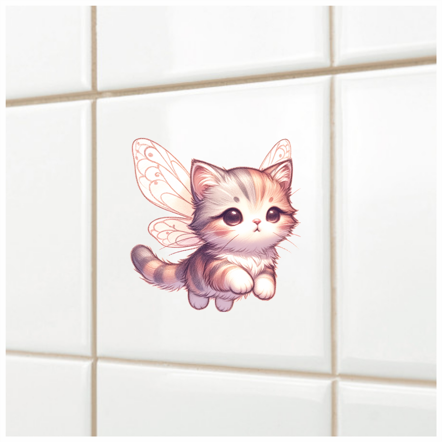 Grey Tabby Kitten Fairy Wings Vinyl Sticker Decal