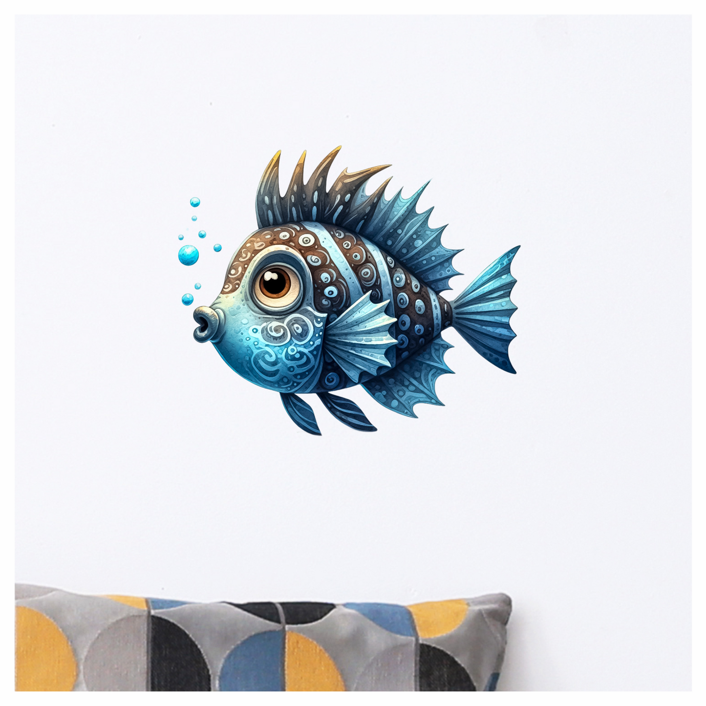 Blue Cartoon Fish With Bubbles Vinyl Sticker Decal