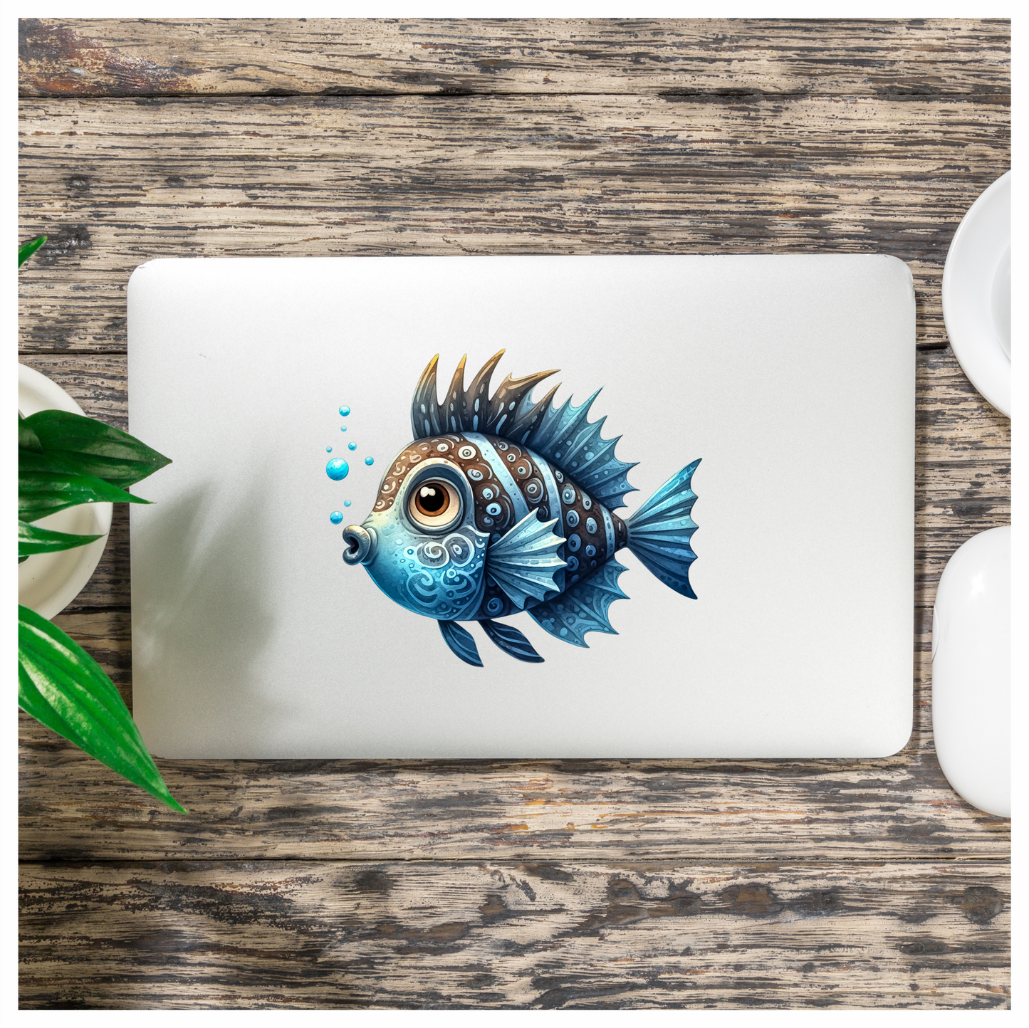 Blue Cartoon Fish With Bubbles Vinyl Sticker Decal