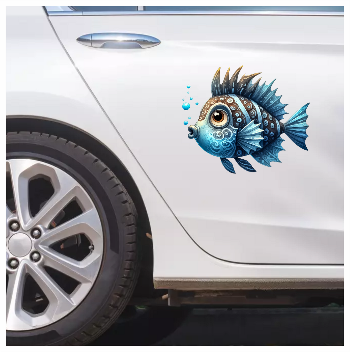 Blue Cartoon Fish With Bubbles Vinyl Sticker Decal