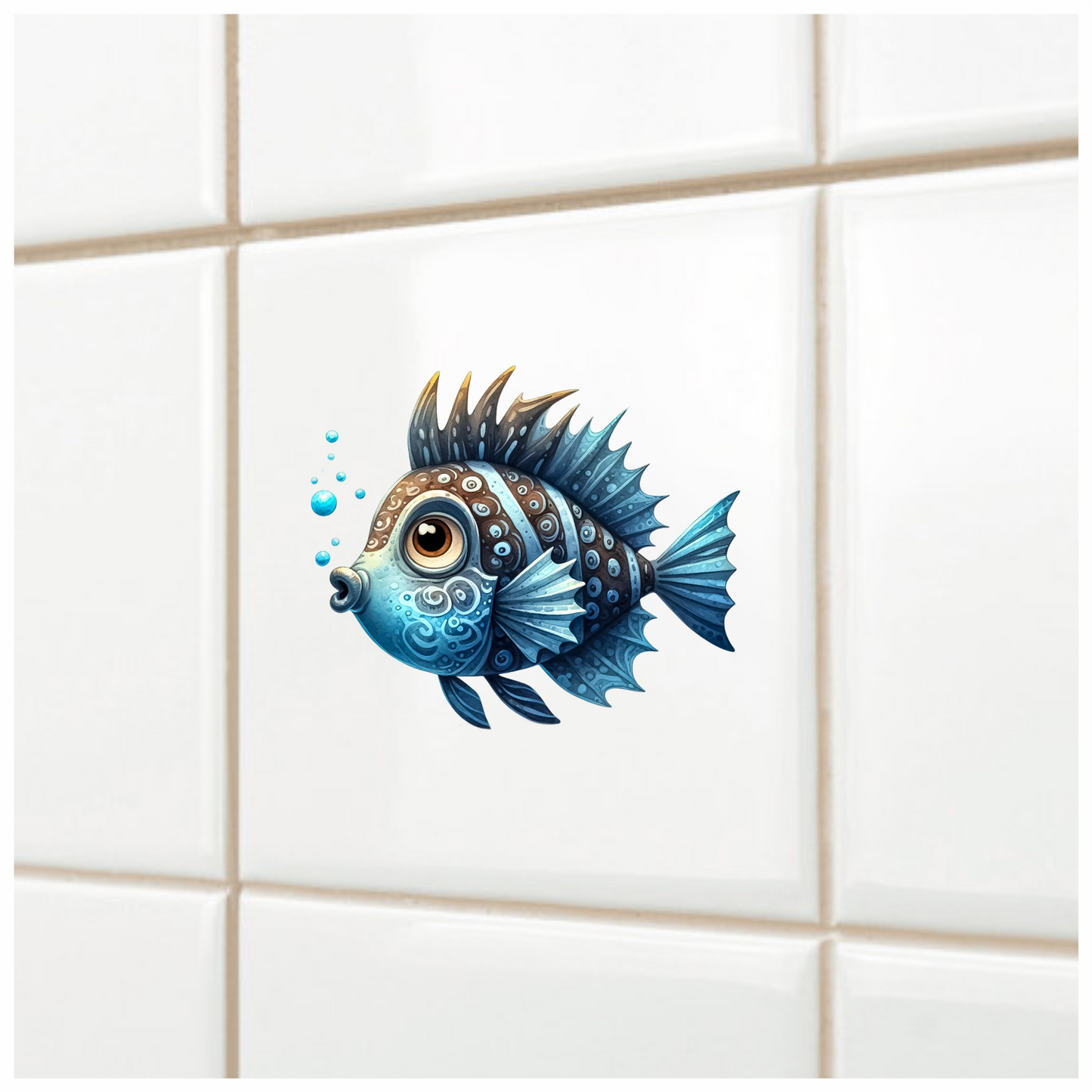 Blue Cartoon Fish With Bubbles Vinyl Sticker Decal