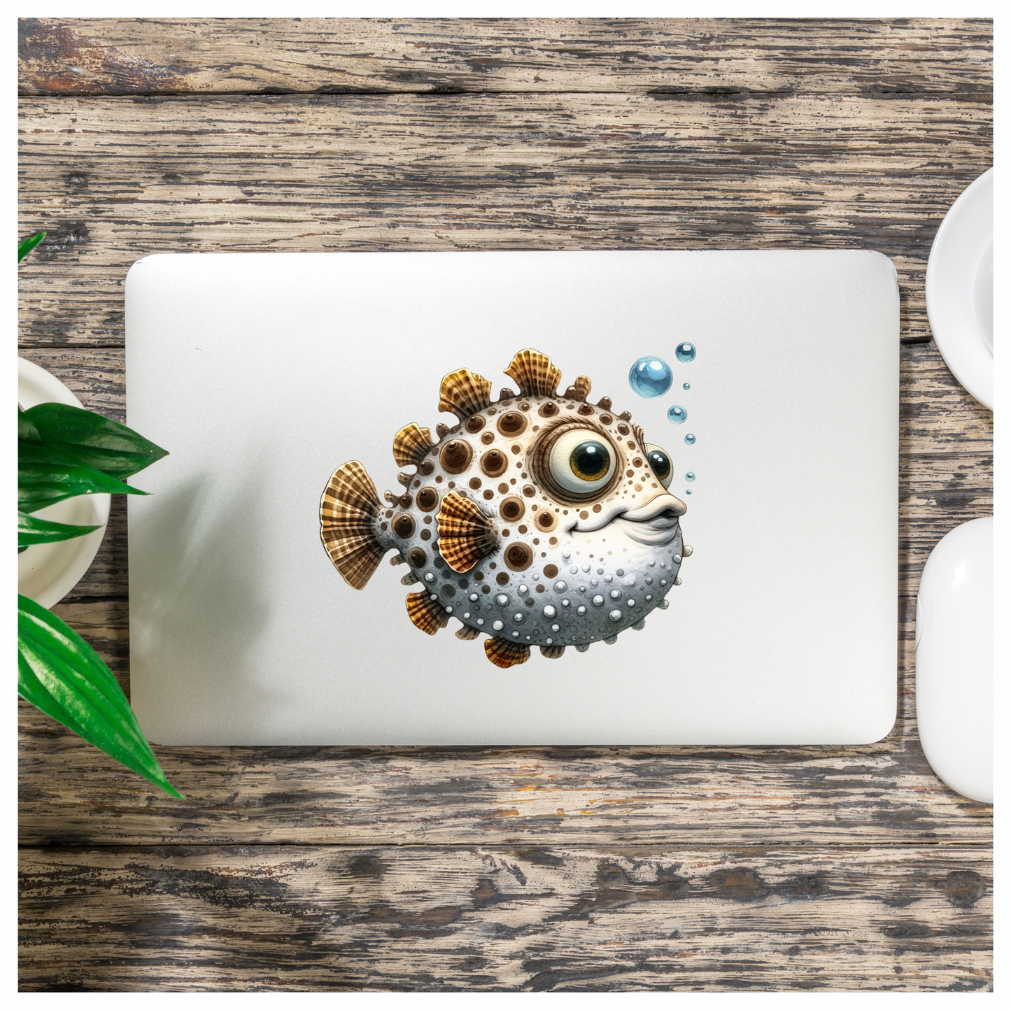 Brown Spotted Cartoon Puffer Fish Vinyl Sticker Decal
