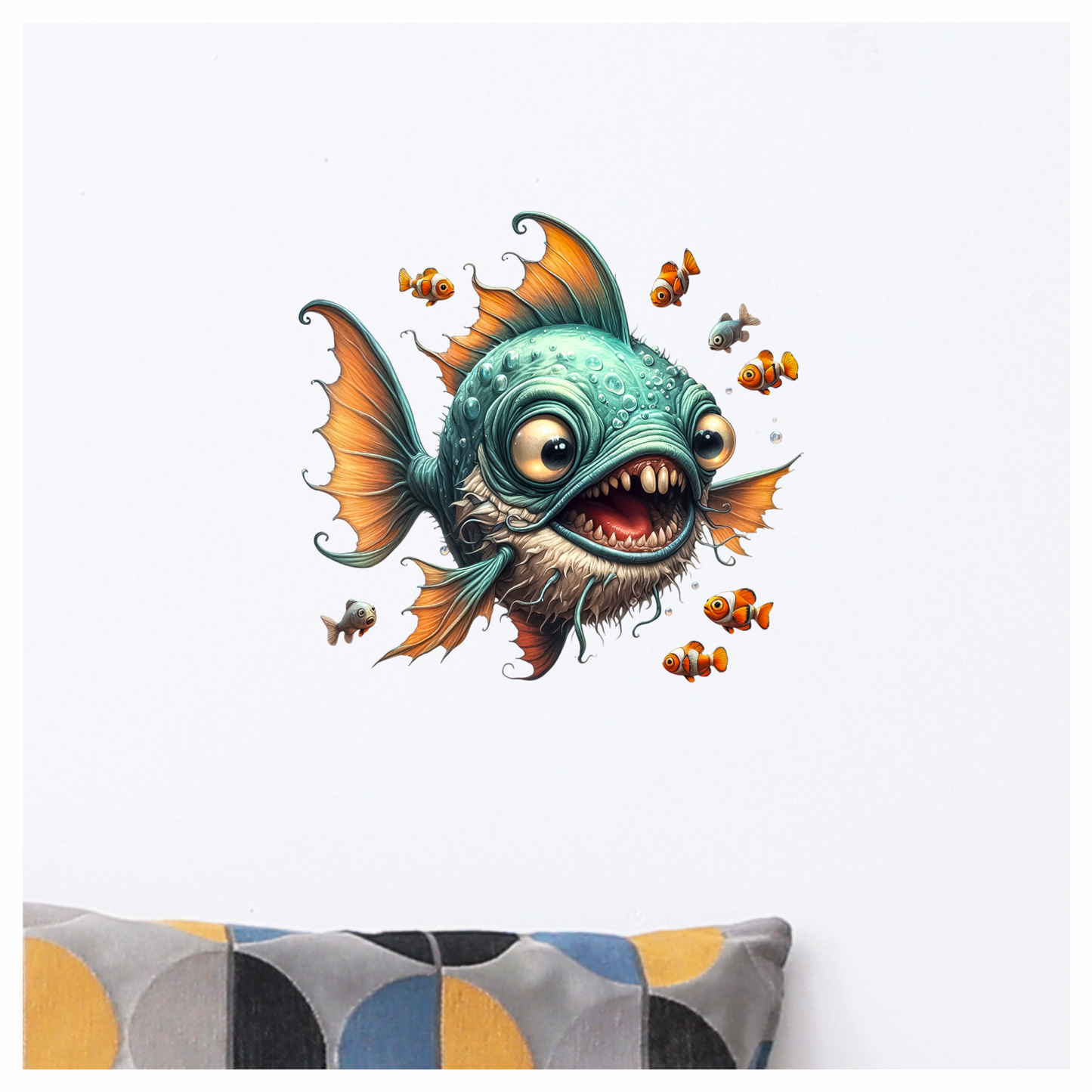 Blue Fish Big Teeth Clownfish Surrounding Vinyl Sticker Decal