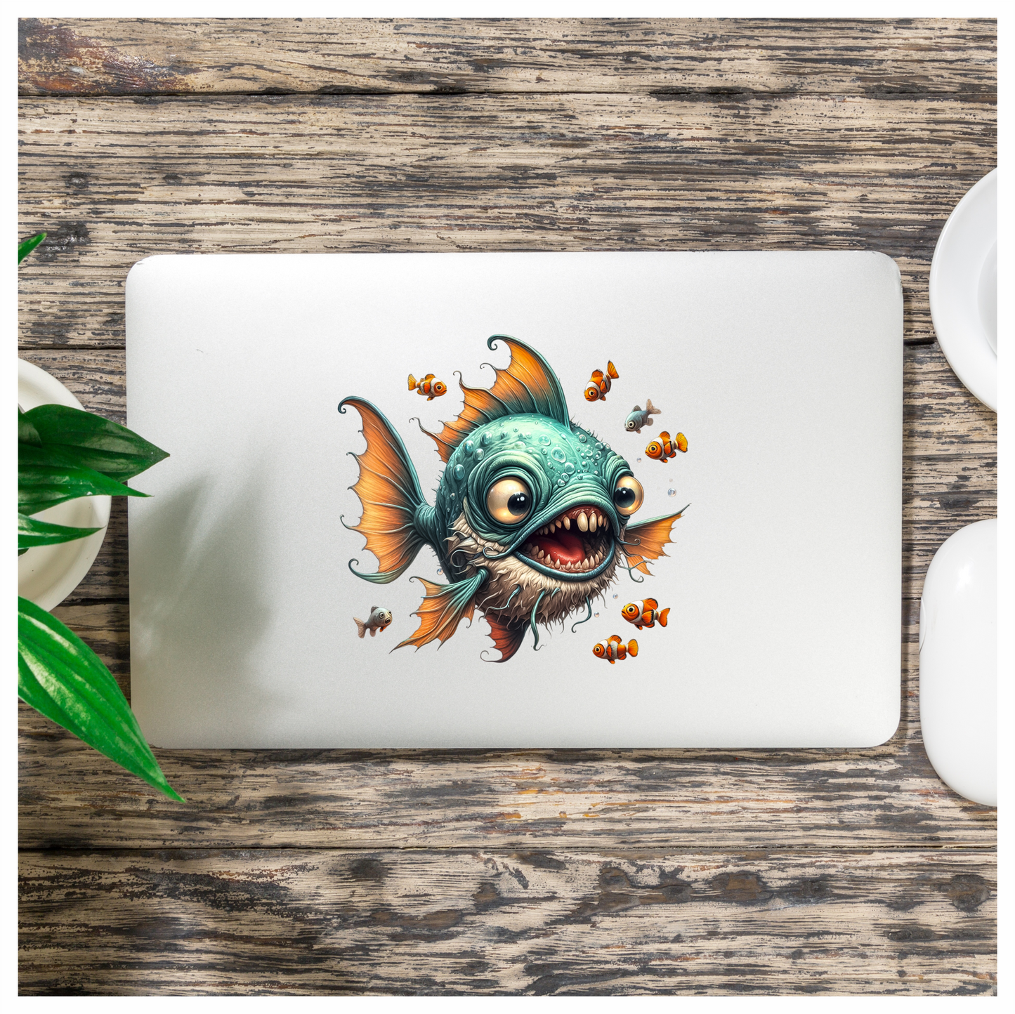 Blue Fish Big Teeth Clownfish Surrounding Vinyl Sticker Decal