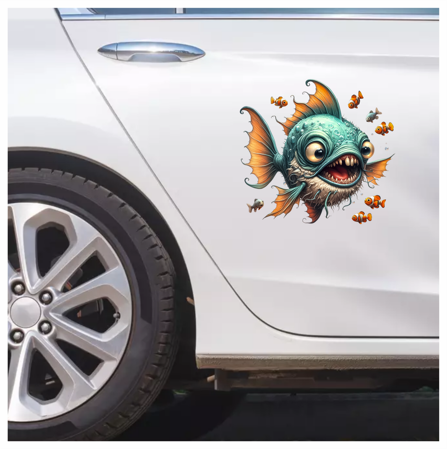 Blue Fish Big Teeth Clownfish Surrounding Vinyl Sticker Decal