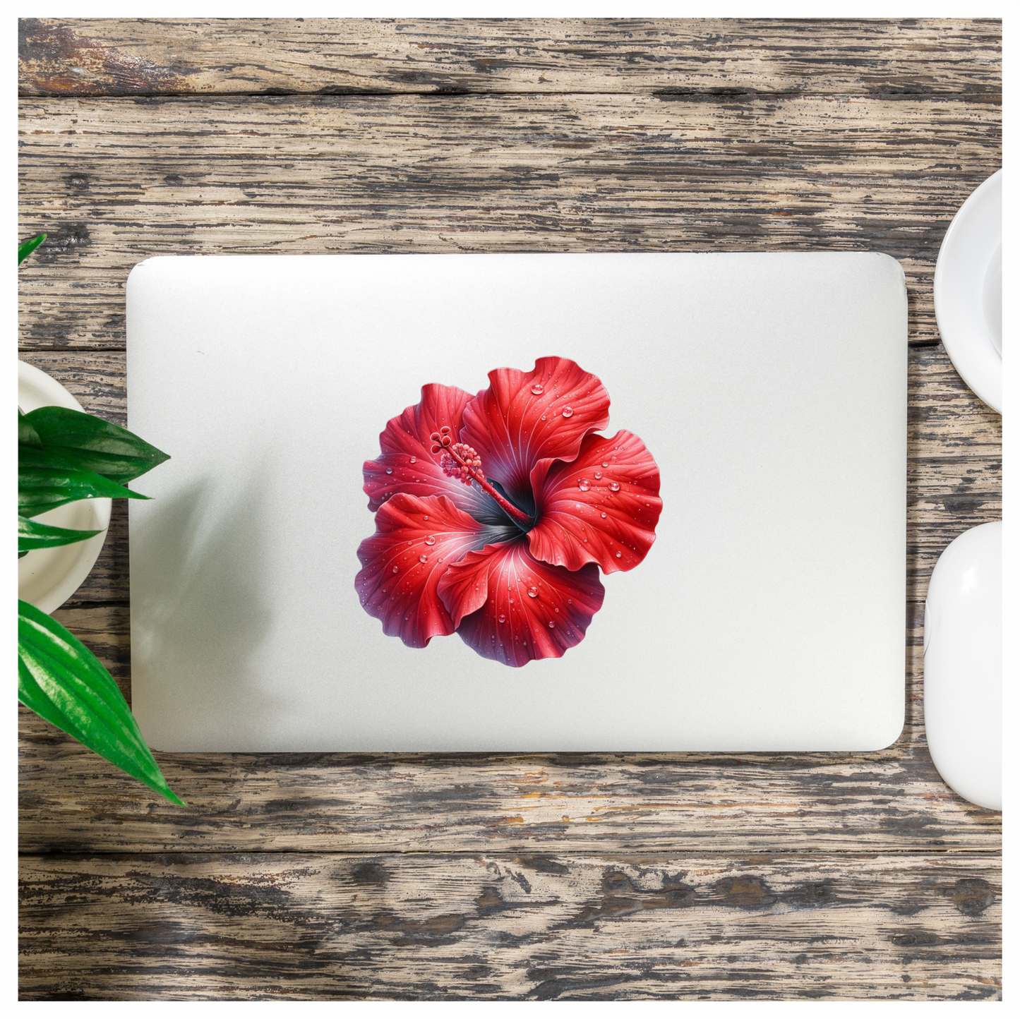 Red Hibiscus Flower With Water Vinyl Sticker Decal