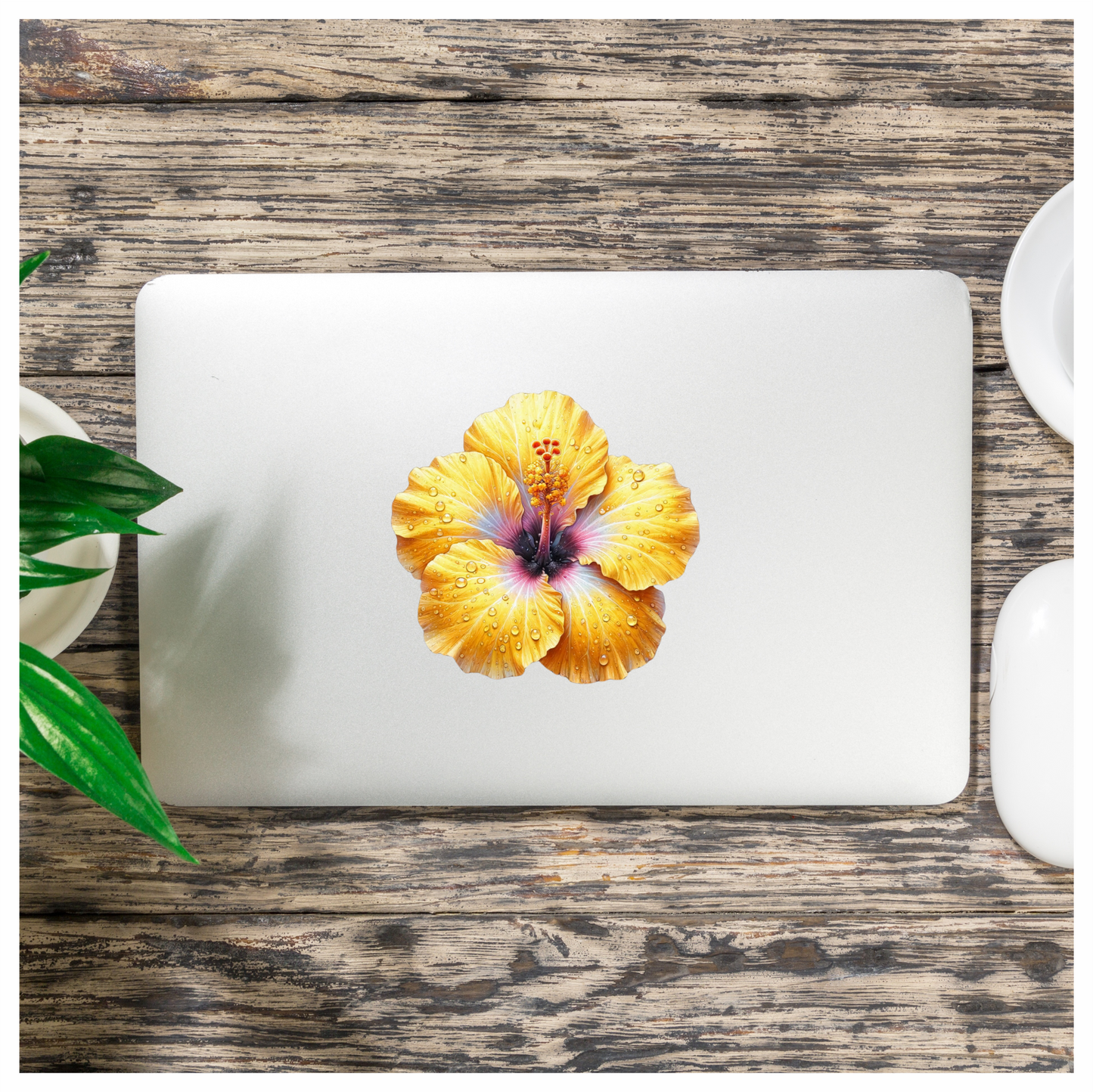 Yellow Hibiscus Flower With Waterdrops Vinyl Sticker Decal