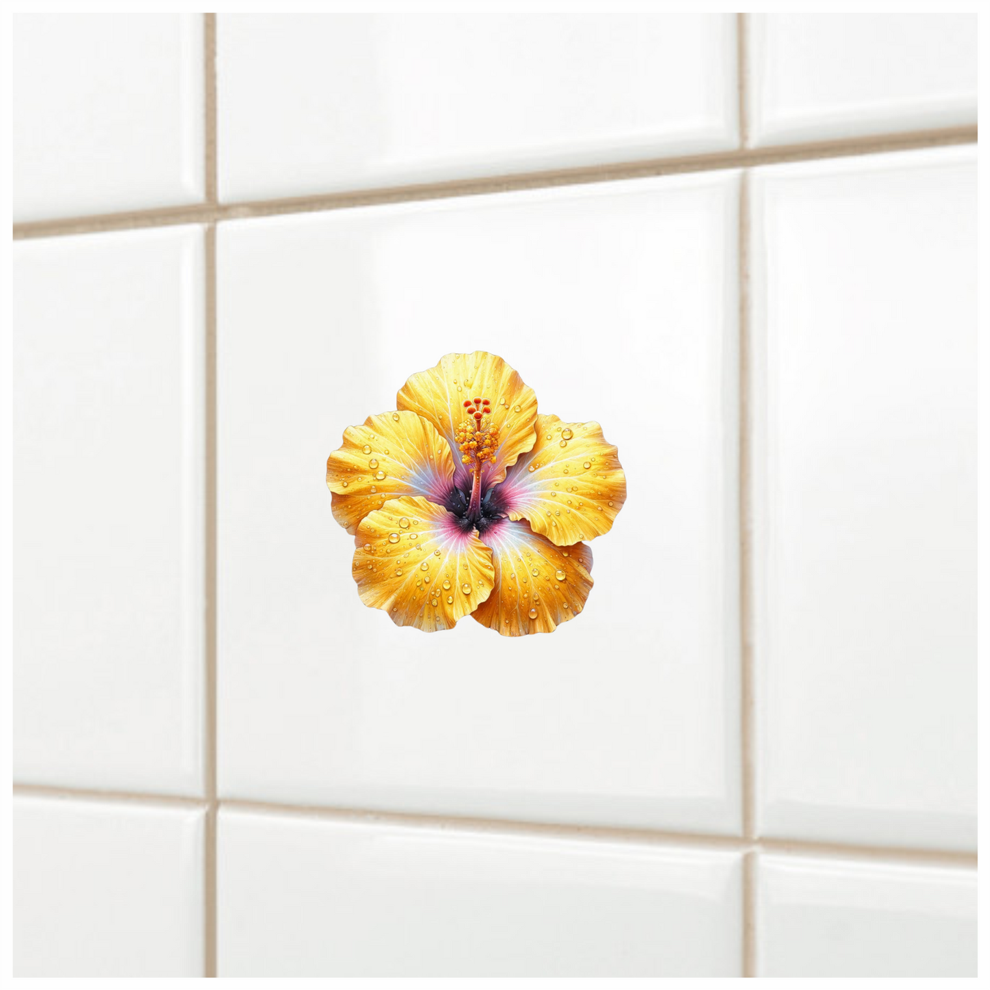 Yellow Hibiscus Flower With Waterdrops Vinyl Sticker Decal