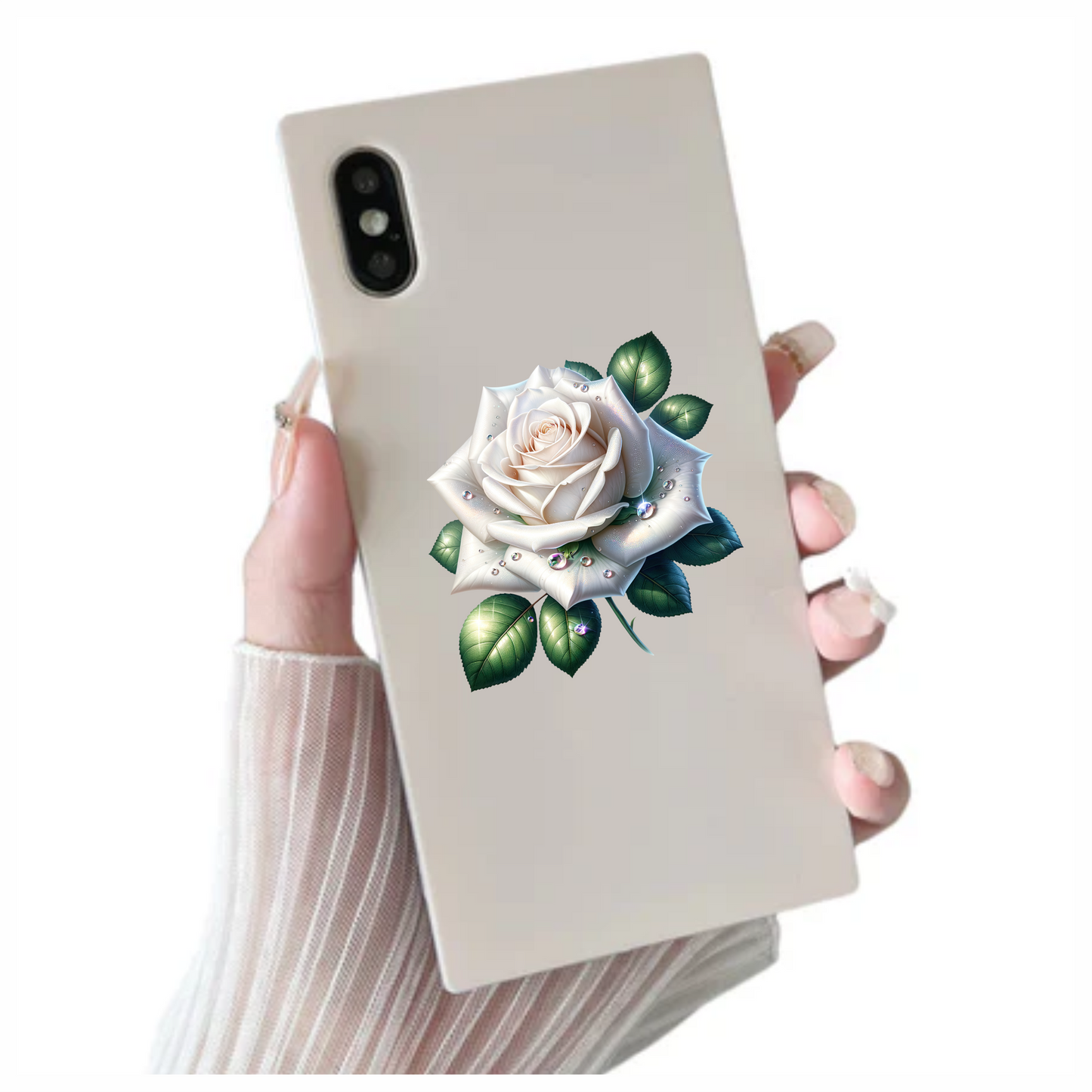 White Rose Green Leaves Water Drops Vinyl Sticker Decal