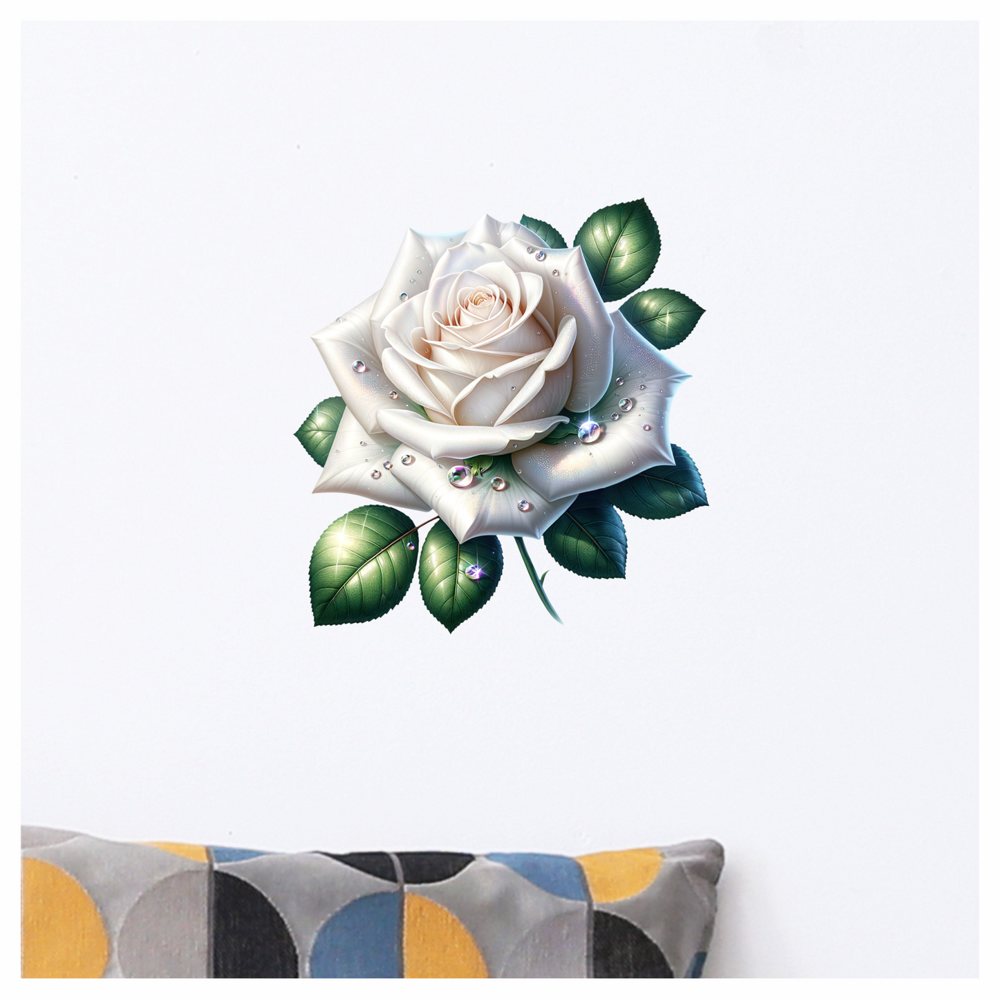 White Rose Green Leaves Water Drops Vinyl Sticker Decal