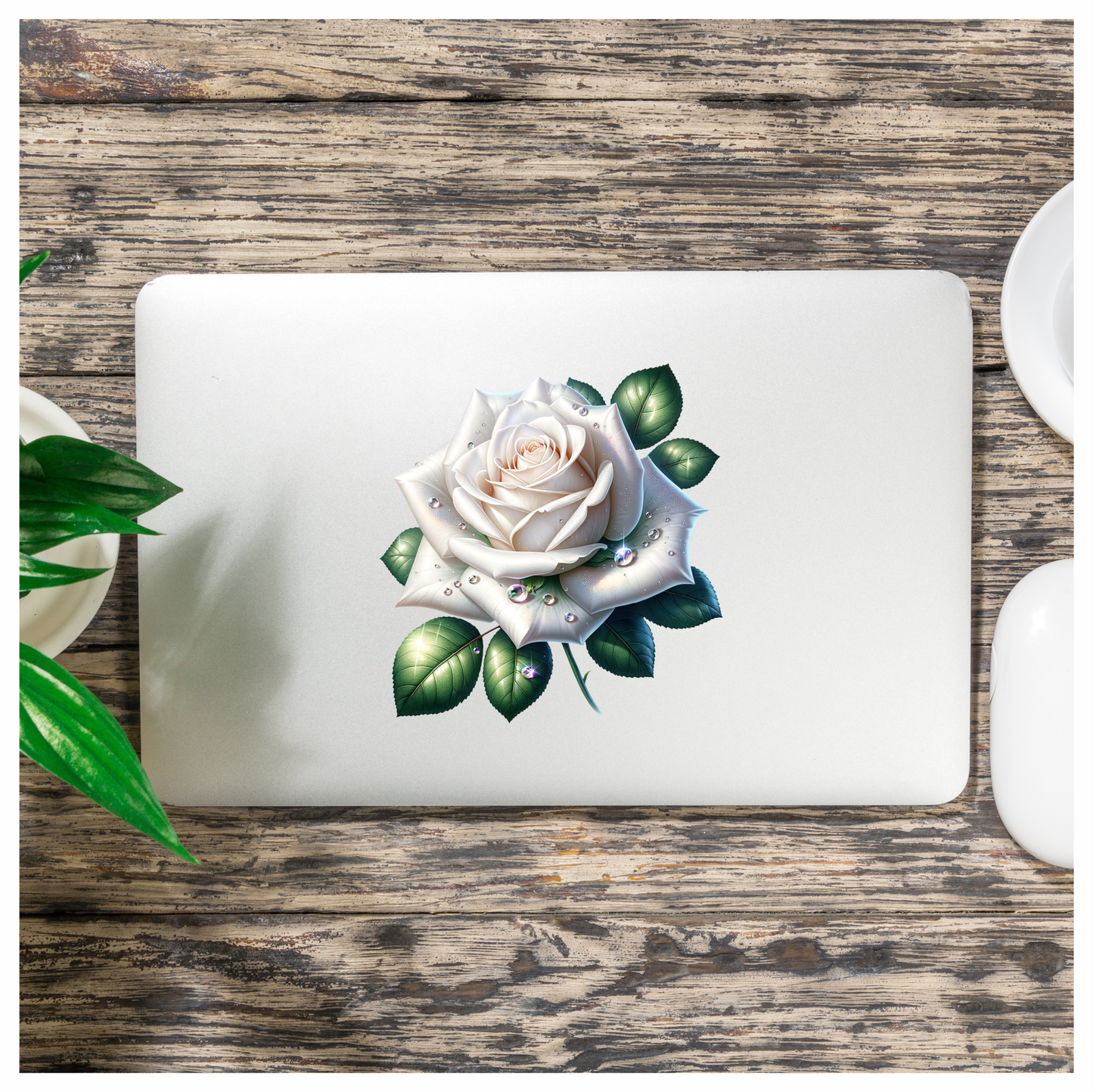 White Rose Green Leaves Water Drops Vinyl Sticker Decal