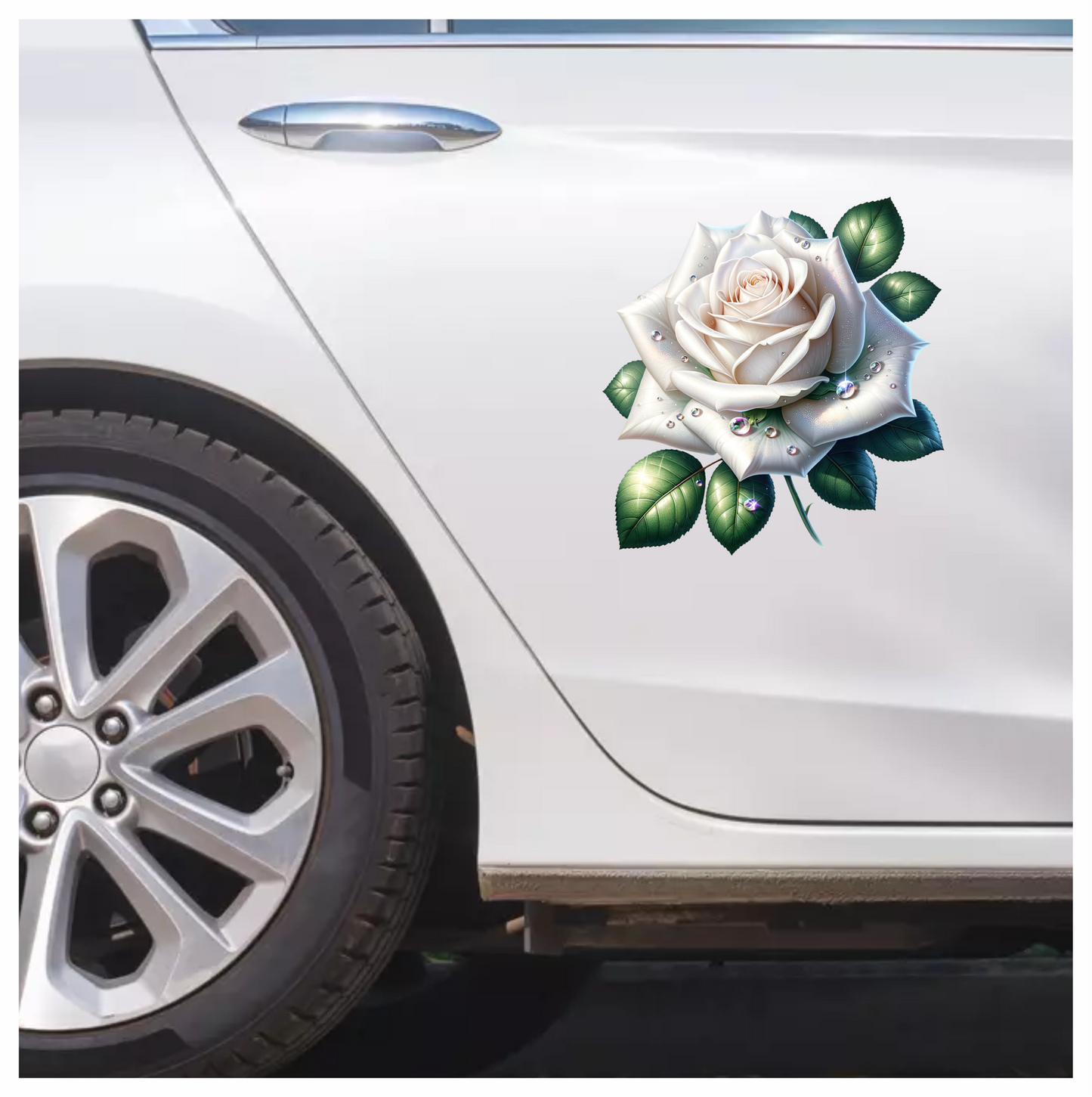 White Rose Green Leaves Water Drops Vinyl Sticker Decal
