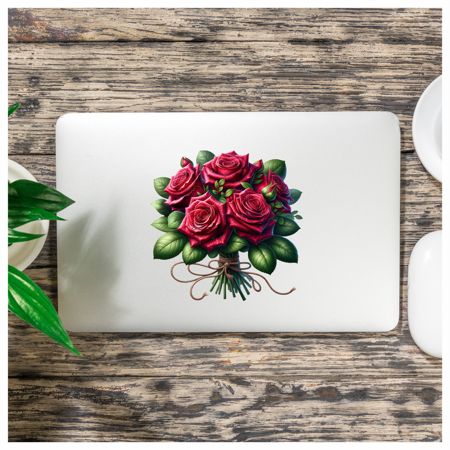 Red Roses Green Leaves Bouquet Rope Vinyl Sticker Decal
