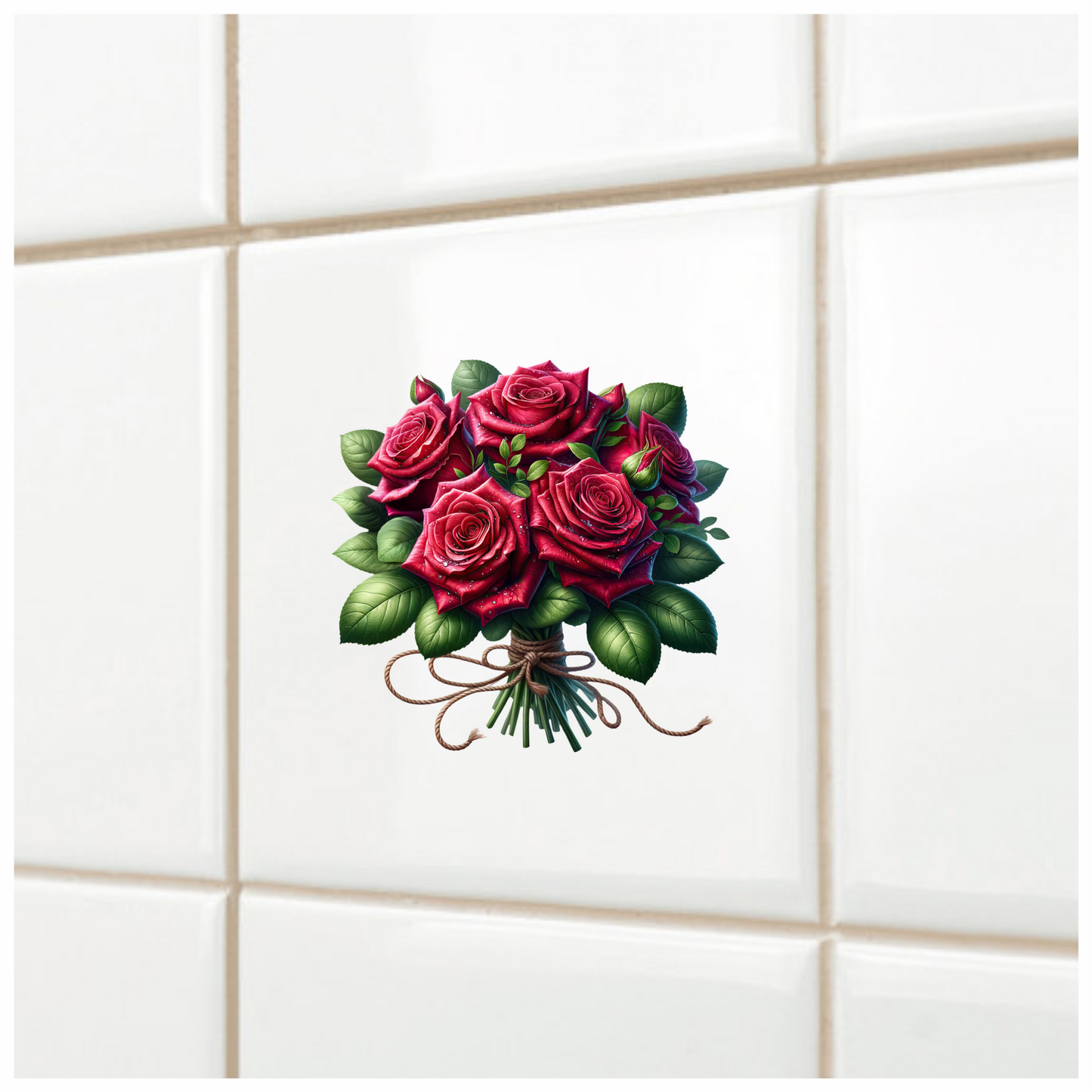 Red Roses Green Leaves Bouquet Rope Vinyl Sticker Decal