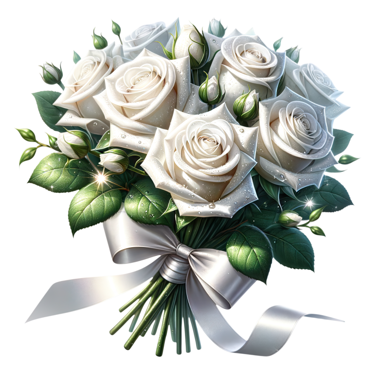 White Roses Bouquet Green Leaves Ribbon Vinyl Sticker Decal