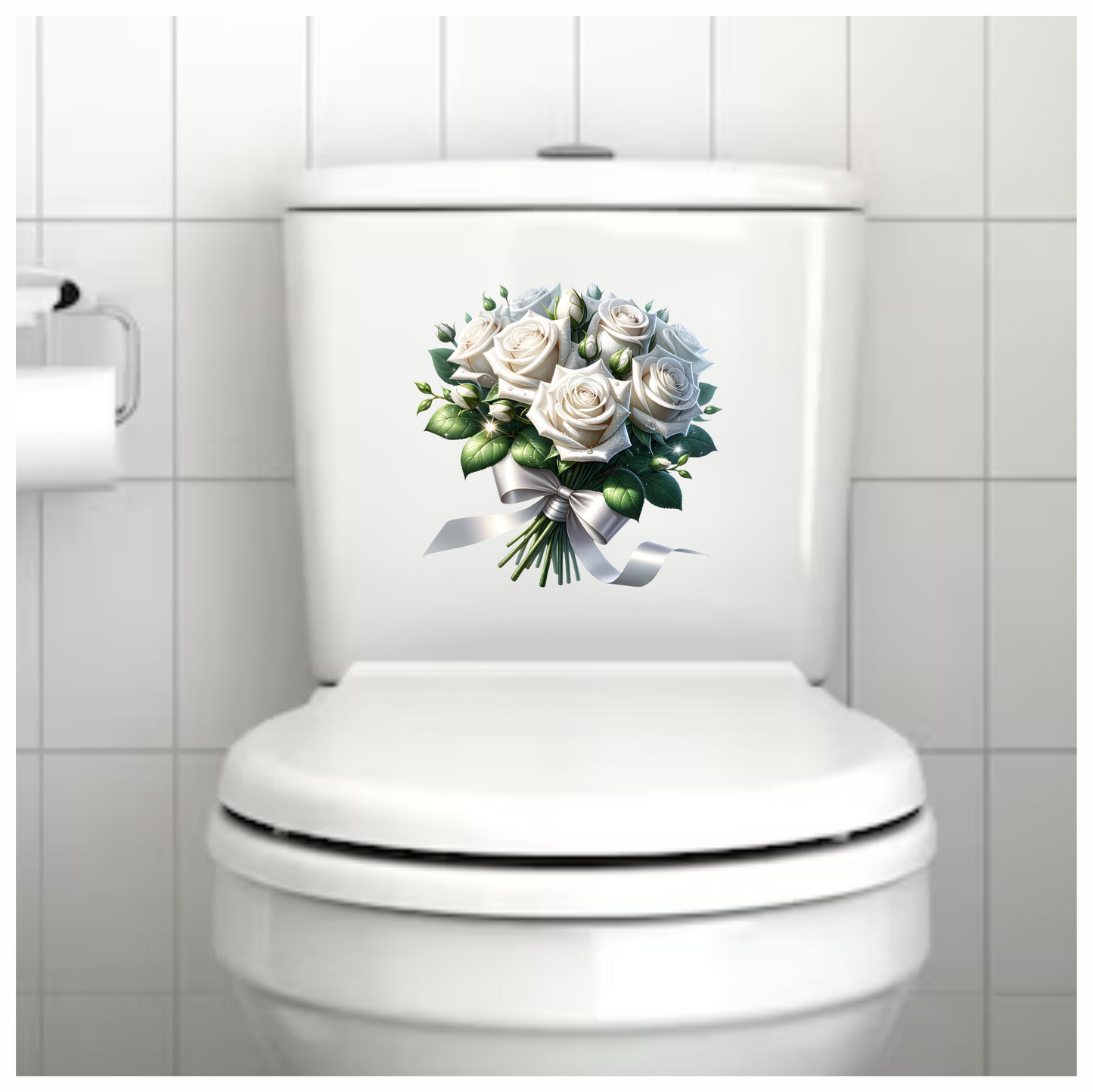 White Roses Bouquet Green Leaves Ribbon Vinyl Sticker Decal