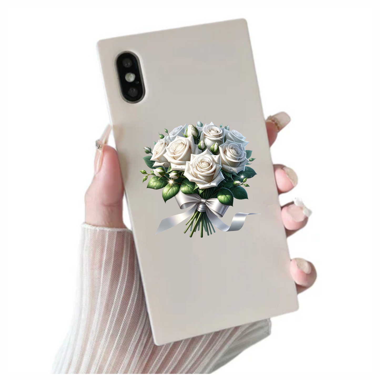 White Roses Bouquet Green Leaves Ribbon Vinyl Sticker Decal